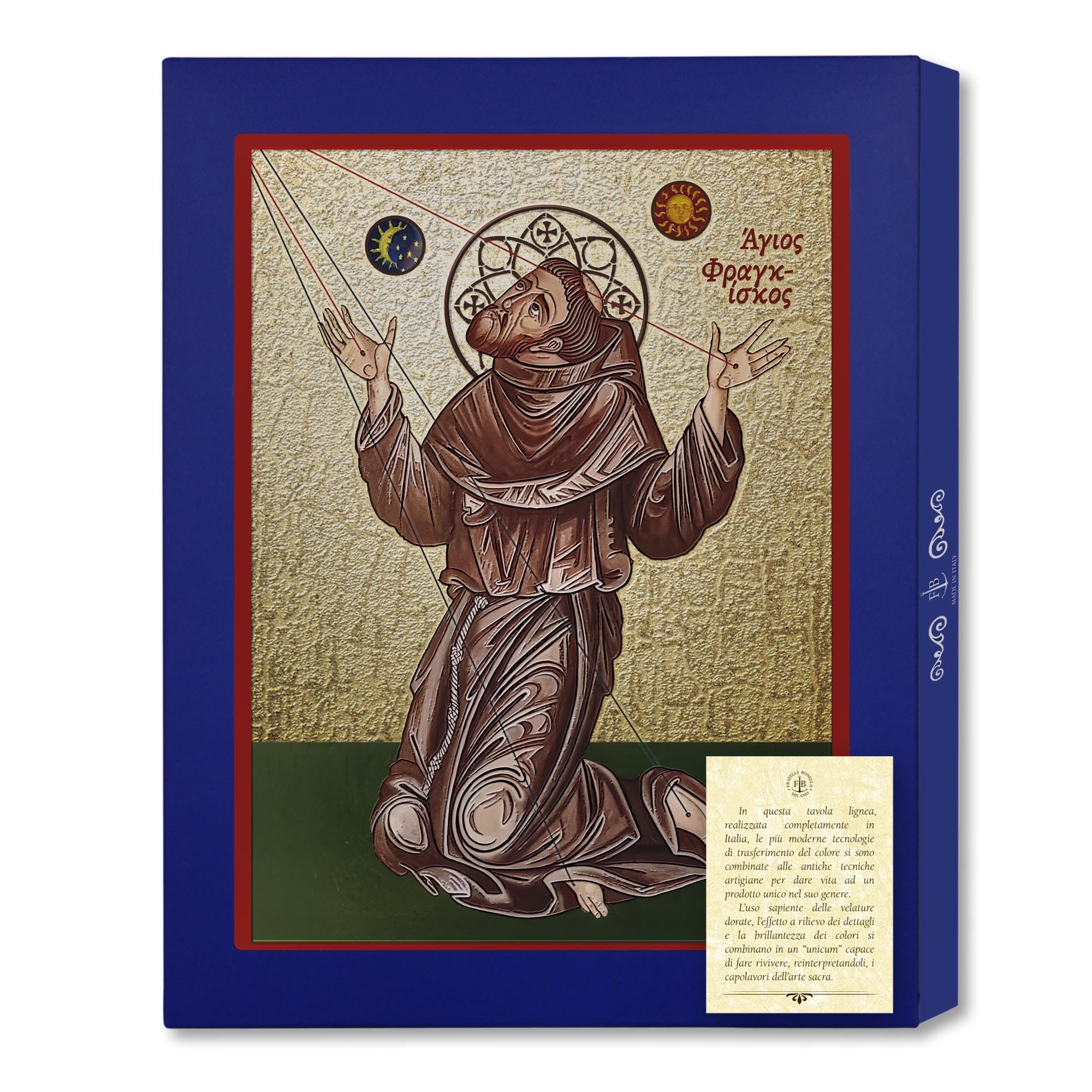 F.LLI BONELLA Tabla de madera con icono de San Francisco, detalles y bordes dorados, 18,5 x 25 cm