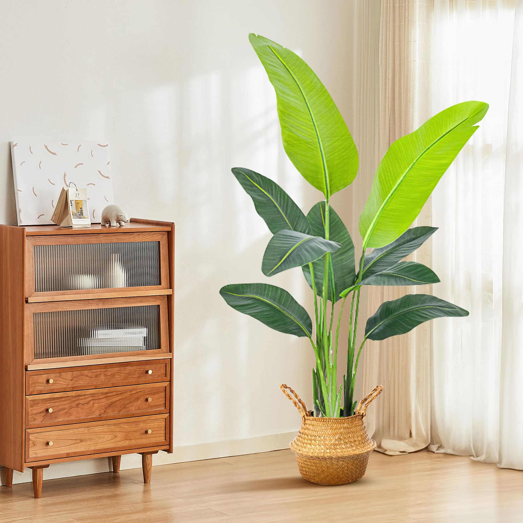 Künstliche Paradiesvogel Künstliche Pflanze groß 120cm Kunstpflanzen Tropische Palme mit 9 Blättern Kunst Bananenbaum Plastik Pflanze Palme im Topf Deko für Wohnzimmer Schlafzimmer Büro