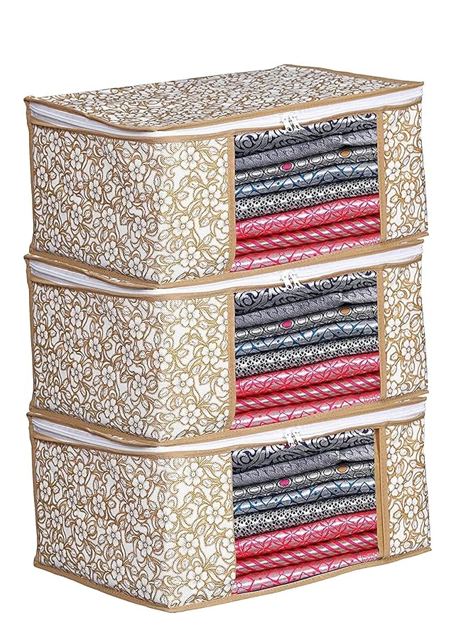 Buy Perpetual Saree Organizer For Wardrobe – Foldable Saree Covers With Zip, Multipurpose Storage Bag For Suit, Lehanga, Dress Packing With Transparent Window Pack of 3 Pcs. (Beige) at Rs. 137