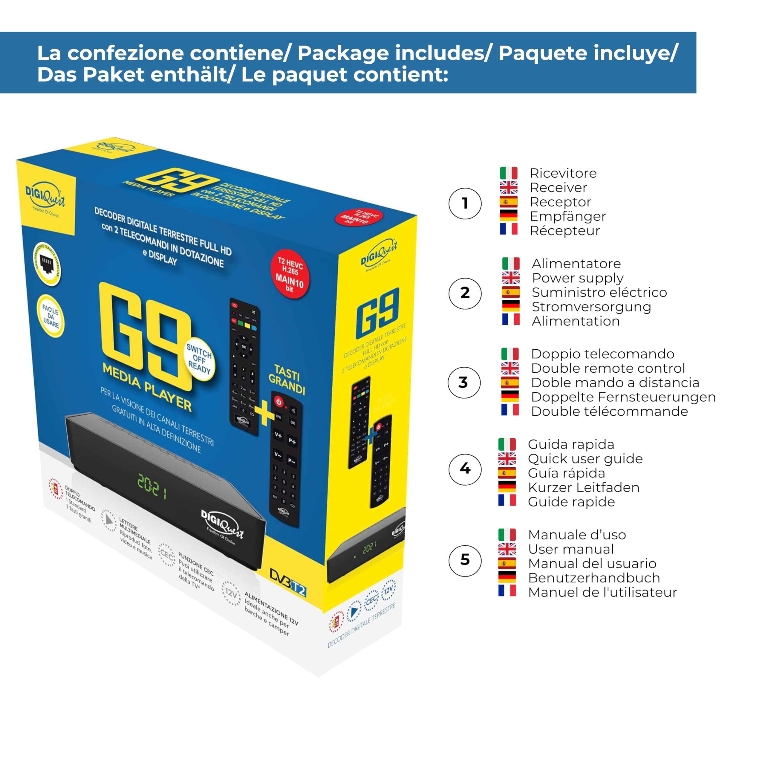 DIGIQUEST G9 Decoder Digitale Terrestre DVB-T2 HEVC 10bit Full HD, Doppio Telecomando con Tasti Grandi, Media Player USB, Alimentazione 12V per Camper e Barche, Nero