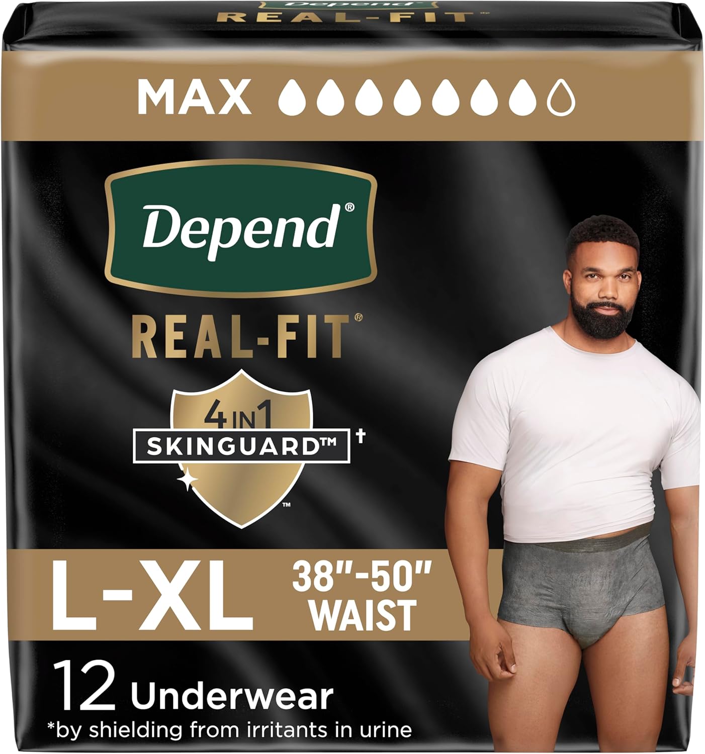 Depend Real Fit Incontinence Underwear for Men, Disposable, Maximum Absorbency, Large/Extra Large, Grey, 12 Count, Packaging May Vary