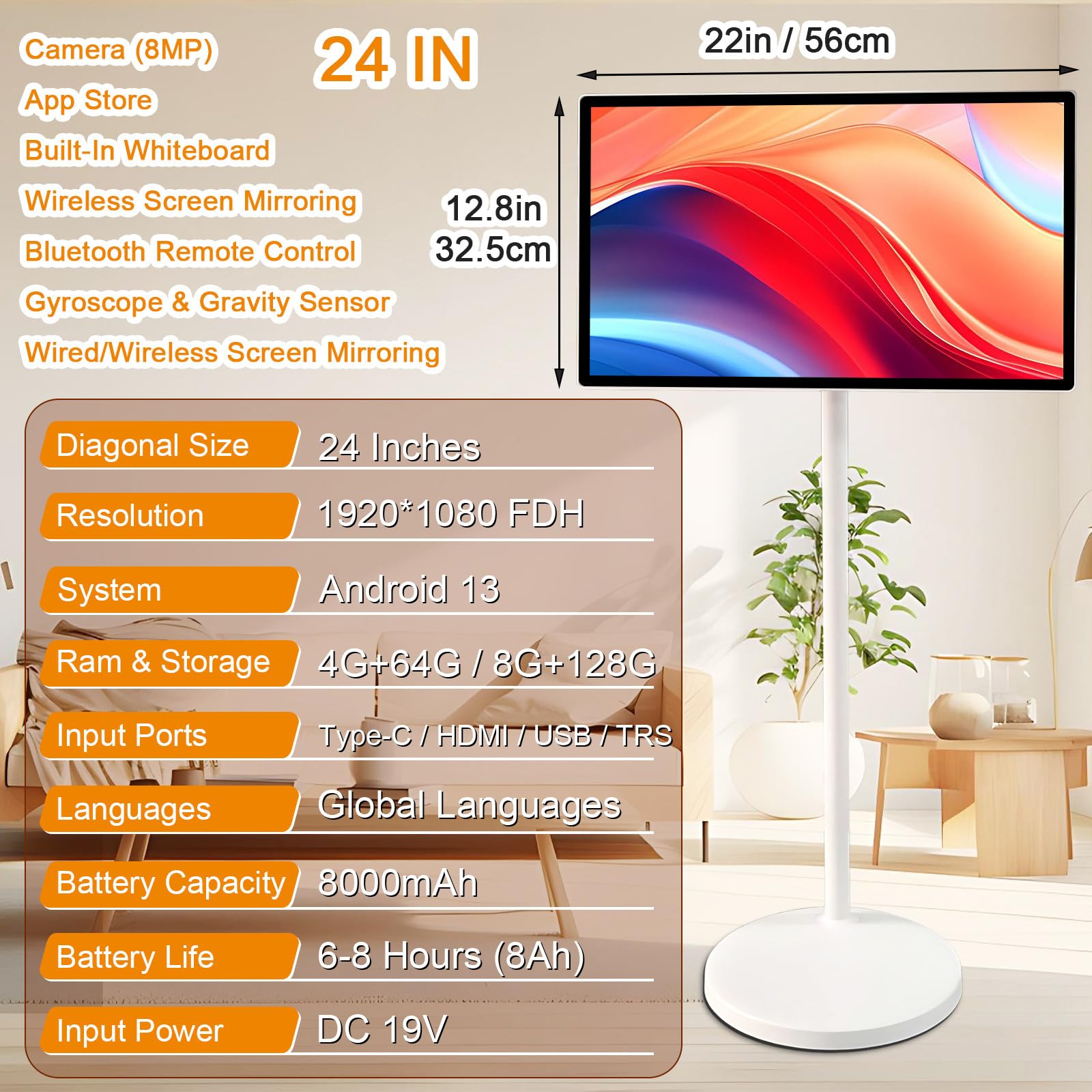 TV Portatile Intelligente 21.5/24/27/32 Pollici, con Batteria ad Alta capacità, Telecamera HD e Bluetooth, Operativo Android, 4GB+64GB/8GB+128GB, Schermo Touch 24"-8G+128G