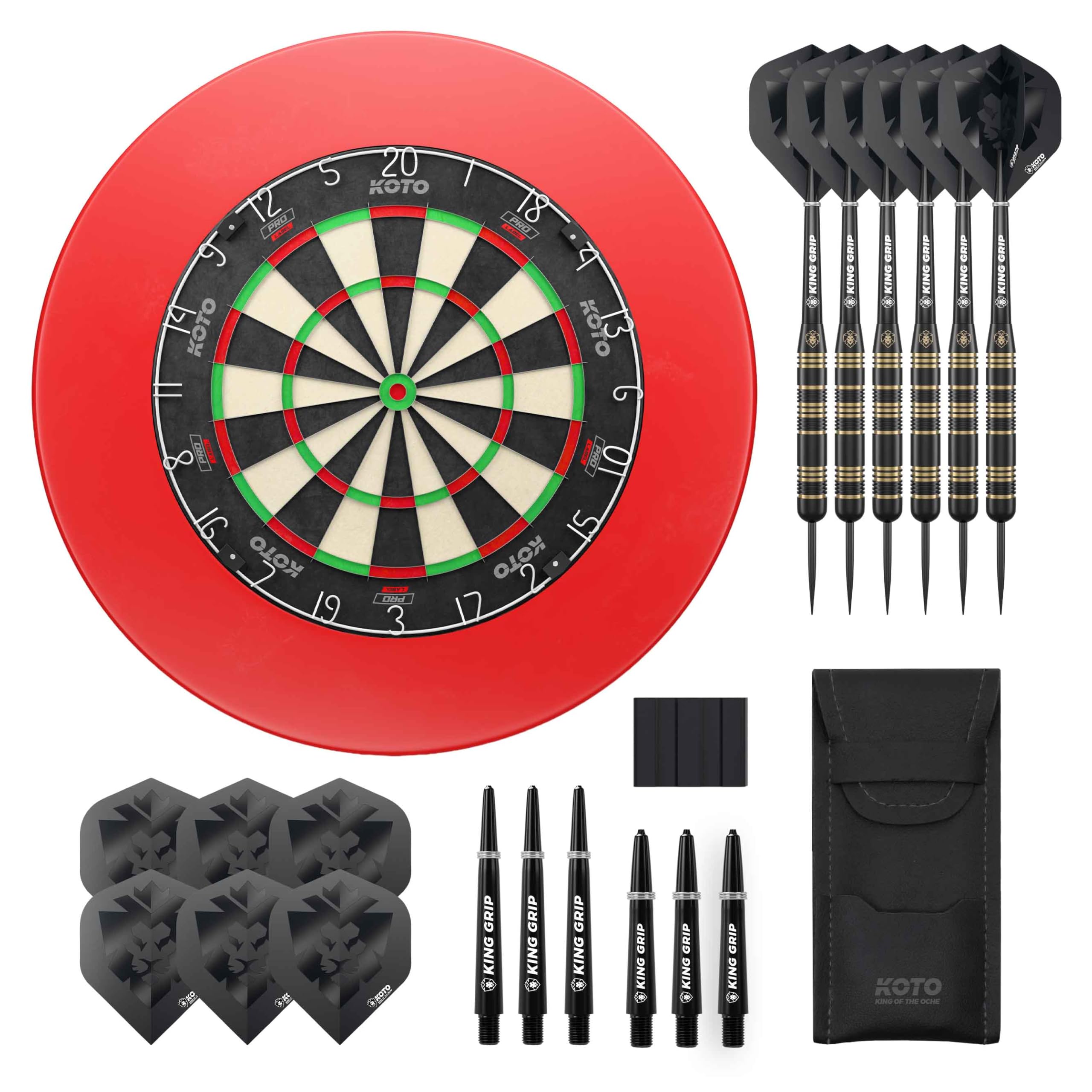 KOTO - King Pro Surround Dartset, 3 Barrels, 2 Sets Flights, 2 Sets Shafts (Short & medium), Dartwallet mit KOTO - Logo, für alle Dartscheiben, Dart Auffamgring zum Schutz Ihrer Pfeile & Wände