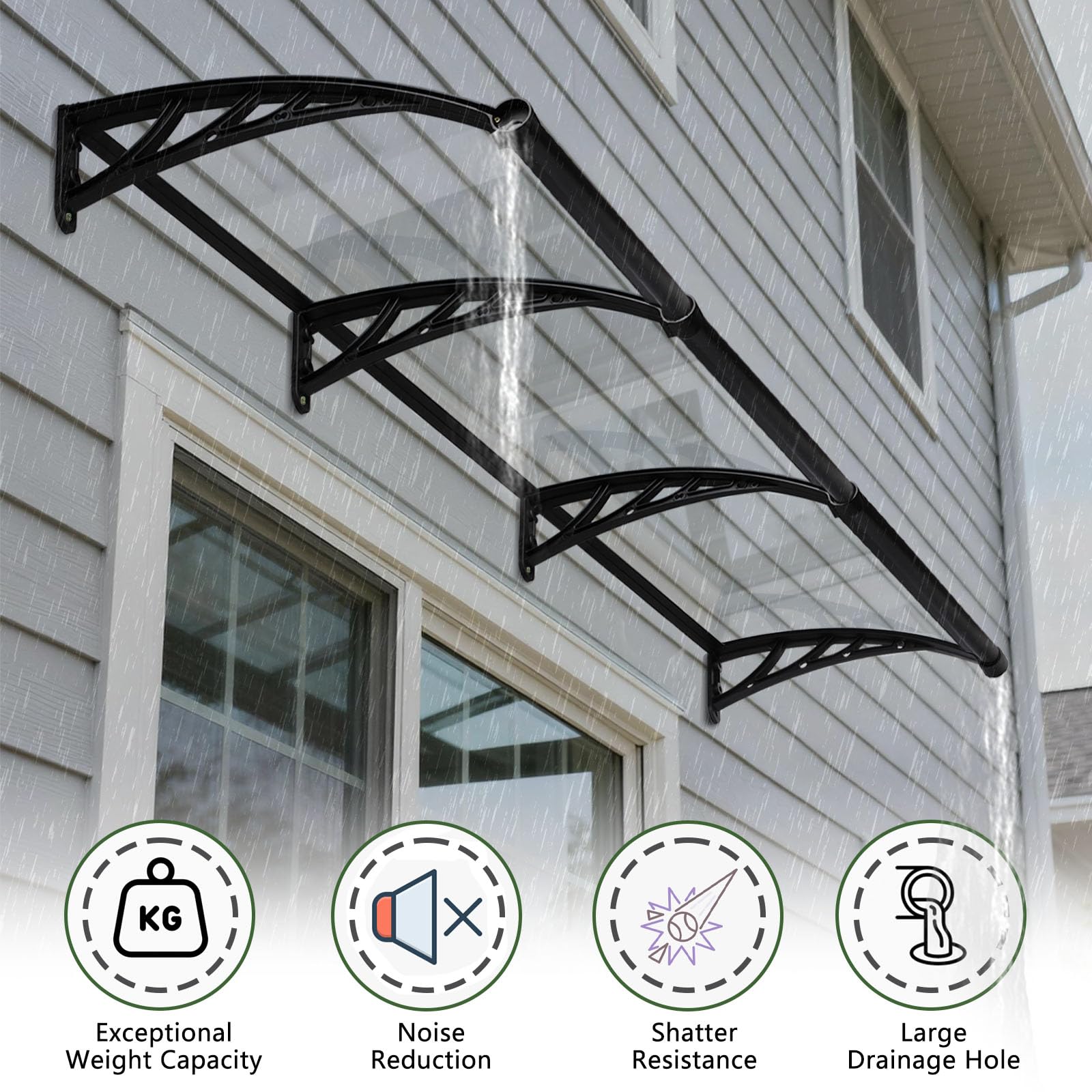 Tettoia per Porta Esterno con Lavandino, 100x250cm Pensilina Tettoia Raggi UV Antipioggia Antineve con Staffe in Acciaio Plastico Pannello Policarbonato Protezion Copertura per Balcone Patio