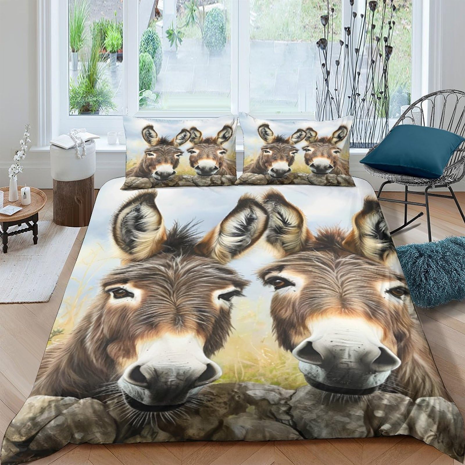 GPLZQXKJNH 3D Printed Donkey Animal Duvet Cover Microfiber Soft Breathable Farm Cartoon Bedding Set with 2 Pillowcases for Bedroom Decor Single（135x200cm）