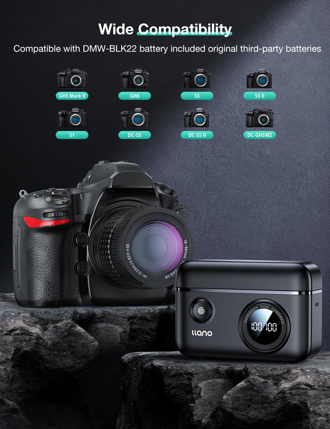llano DMW-BLK22 18 W szybka podwójna ładowarka zestaw do Panasonic Lumix S5, S5II, S9, GH6, S5IIX, GH5 II, S5M2, S5M2X, GH5M2, DC-S9, DC-G9, IIDC-S5, DC-S5 II, DC-S5 IIX z 2 bateriami 2 x 2320 mAh