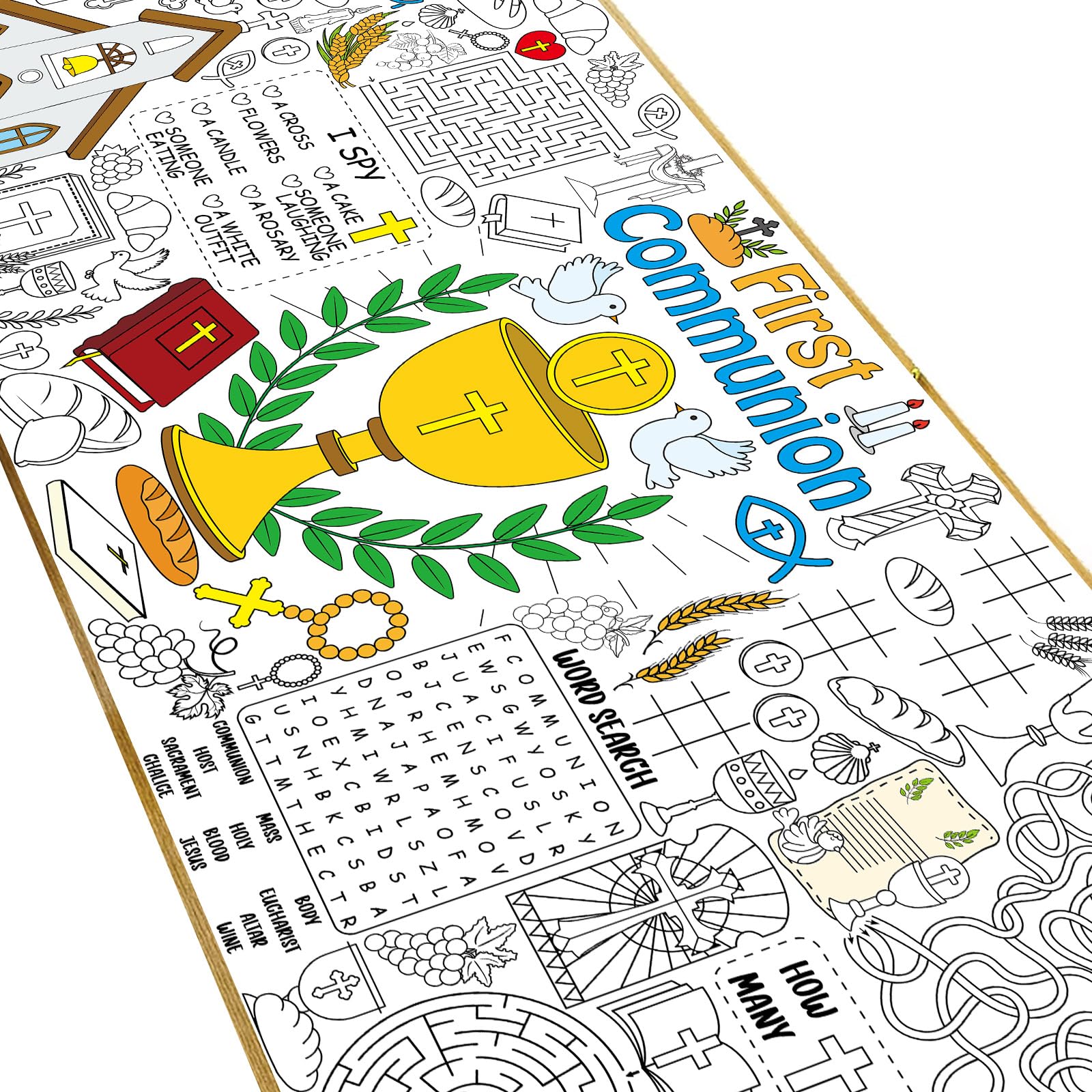 Naozinebi First Communion Giant Coloring Poster Large God Bless Versatile Activity Drawing Paper Coloring Tablecloth DIY Gaming Theme Poster Table