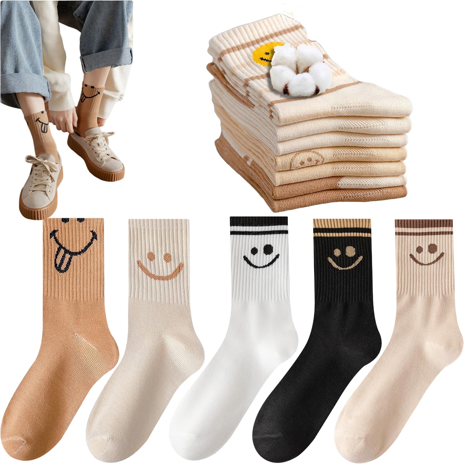 CHUNFO5 Pairs Cute Women Fun Smile Face Ankle Sock Knitted White Novelty Comfy Cotton Girl Dress Funny Crew Sock Aesthetic…
