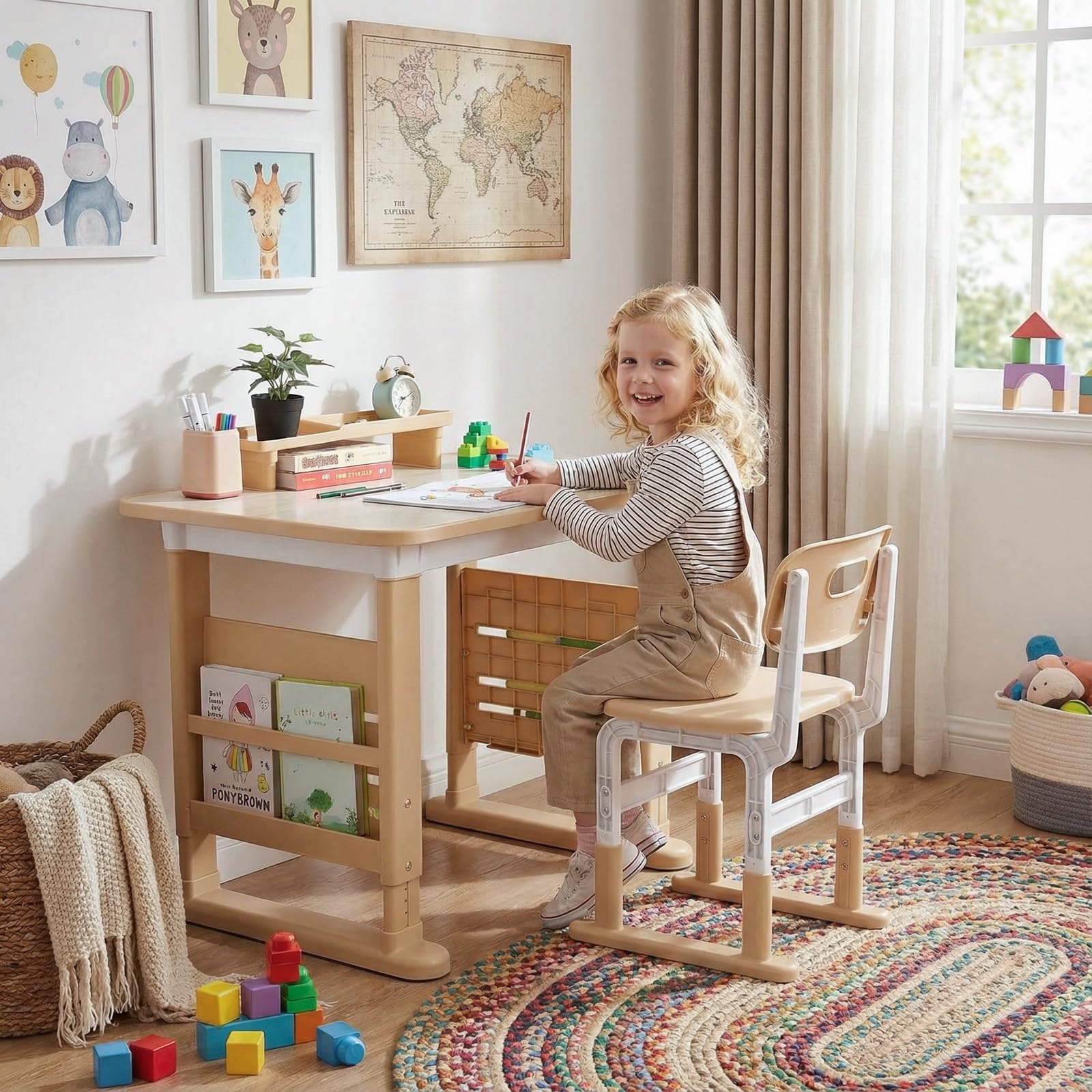 Clevich Höhenverstellbar Kinderschreibtisch und Stuhl Set,Schreibtisch für Kinder ab 3 Jahren,für Kinderzimmer,Schlafzimmer,Arbeitszimmer,Familien-Lern- und Spiel-Ecke,Malbereich,mit Stauraum,Gelb