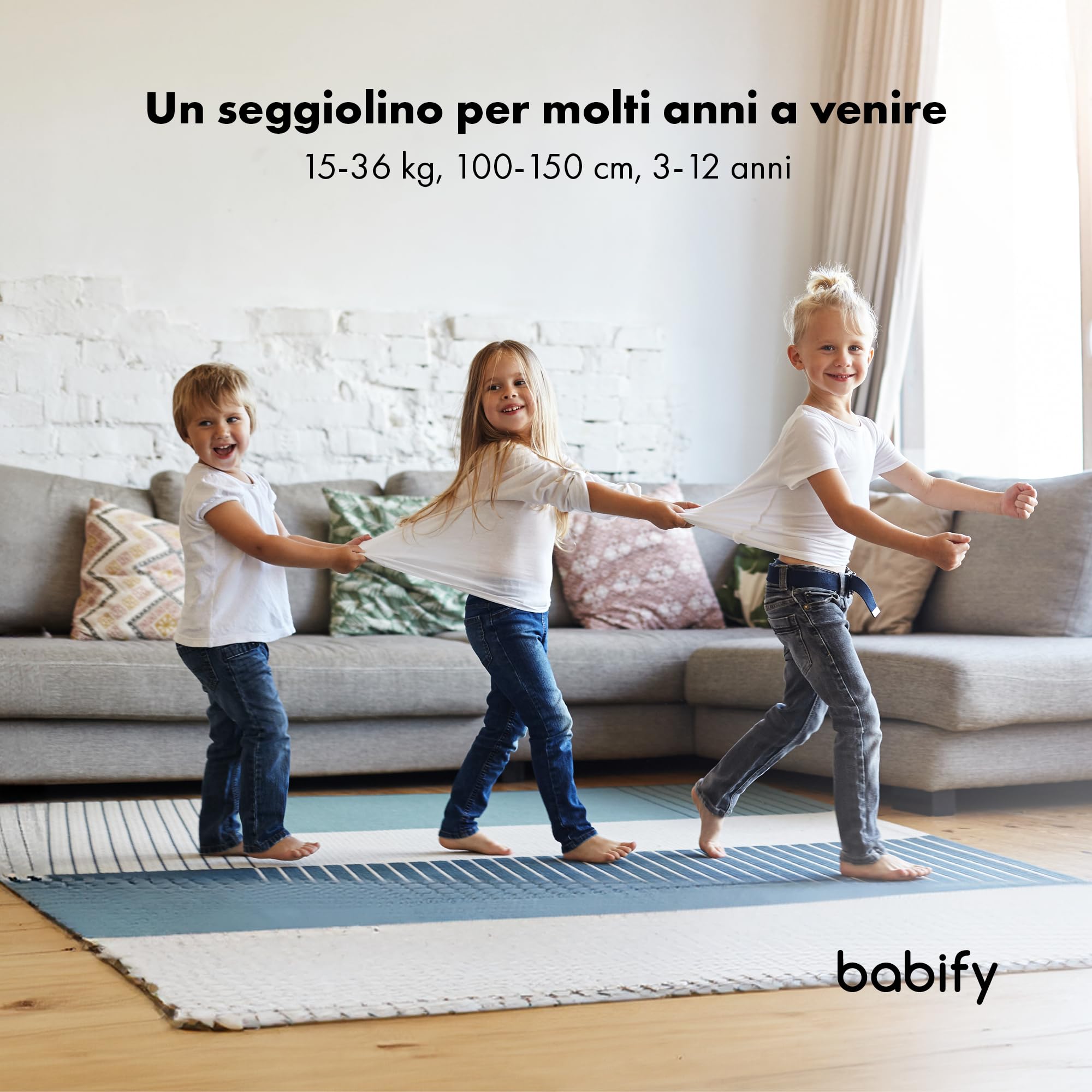 Babify - Seggiolino per Auto, 15-36 kg, Isofix, 3-12 Anni, Poggiatesta Regolabile in 12 Posizioni, Conforme UE R129, Pieghevole, Portabicchieri Rimovibile, Copertura Facile da Pulire, Design Nero