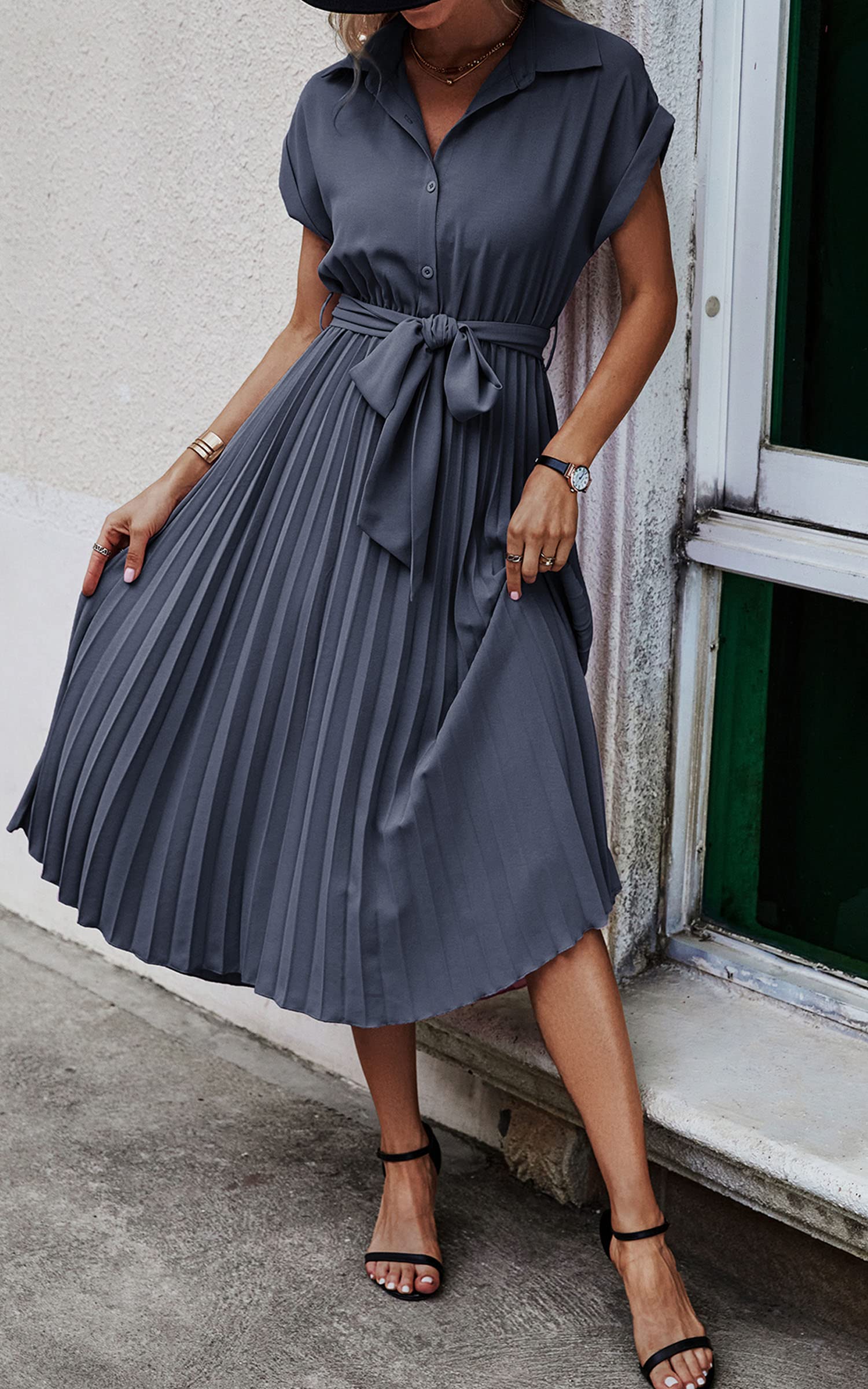 ASOMI Sommerkleid Damen Hemdkleid Kurzarm: Elegant Kurzarm Strandkleid Büro Wickelkleid Mode Hemdblusenkleid Lässig Blusenkleid Midikleid Knopf Plisseekleid V-Ausschnitt Gürtel