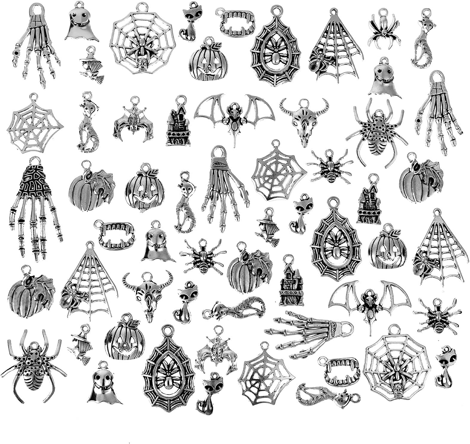 Uoeo 100 Pieces Halloween Charms Pendants Antique Silver Craft Supplies Charms Pendants Halloween Jewelry Making Accessory for DIY Necklace Bracelet Earrings