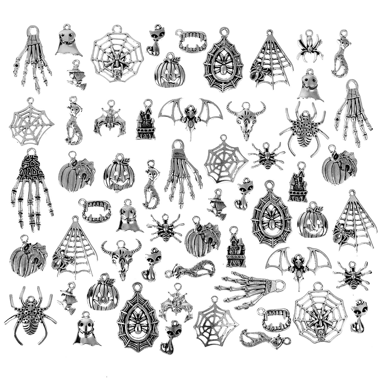 Uoeo 100 Pieces Halloween Charms Pendants Antique Silver Craft Supplies Charms Pendants Halloween Jewelry Making Accessory for DIY Necklace Bracelet Earrings