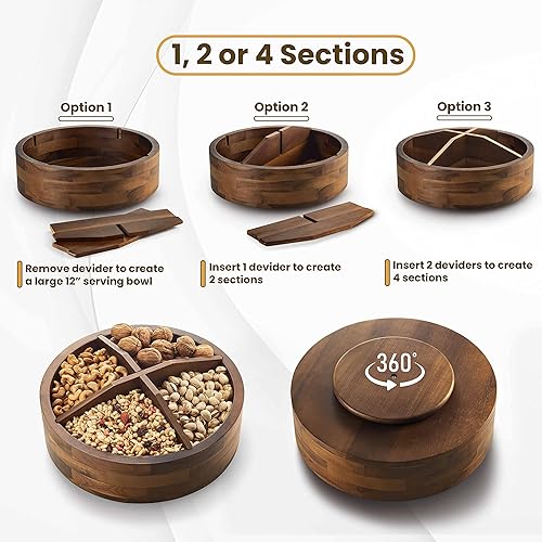 Miniatura 2 de Organizador Lazy Susan de madera de acacia de 12 pulgadas con 4 divisores, plato giratorio de madera para mesa, encimera, bandeja de almacenamiento