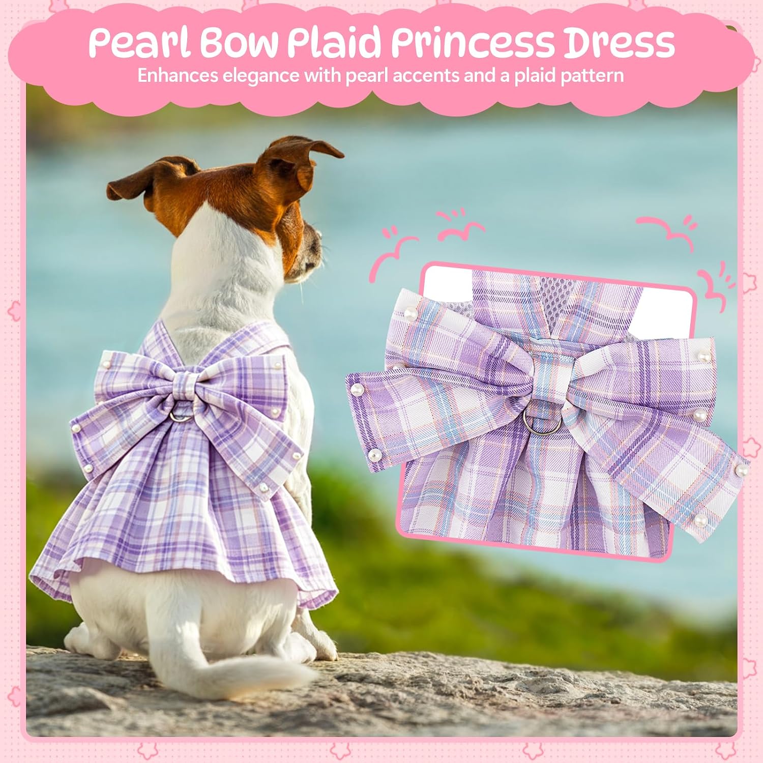Coppthinktu Plaid Dog Dresses for Small Dogs Girl Bowknot Harness Leash Set image 5