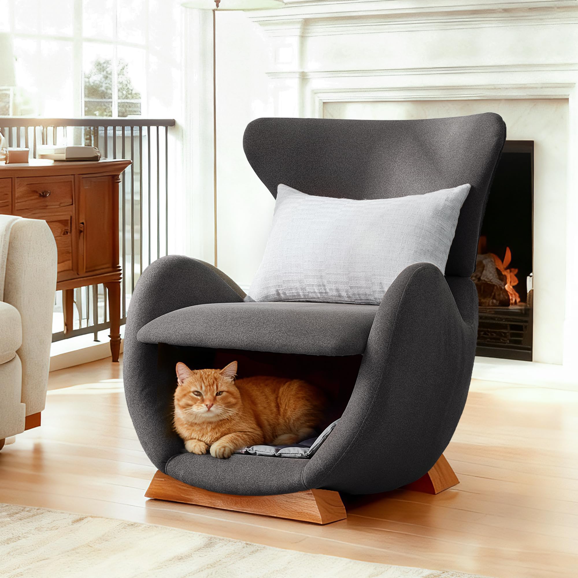Merax Loungesessel Walhai-Design mit Katzenhöhle, kratzfestem Stoff, Einzelsofa als Rückzugsort für Katzen & kleine Hunde, Stabiler Holzrahmen, Fernsehsessel, Grau