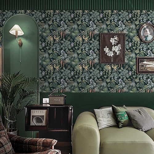 Vista 14 de Ismoon Papel tapiz verde para despegar y pegar, diseño bohemio floral y hojas en papel adhesivo grueso, papel adhesivo botánico oscuro, extraíble