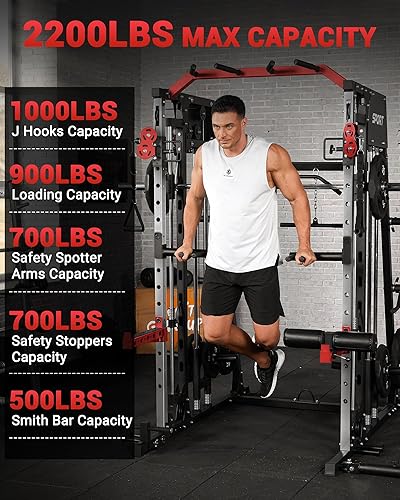 Miniatura 4 de GarveeLife Smith Machine - Gimnasio en casa todo en uno, jaula de potencia para sentadillas de 2200 libras con barra Smith, tracción LAT, sistemas