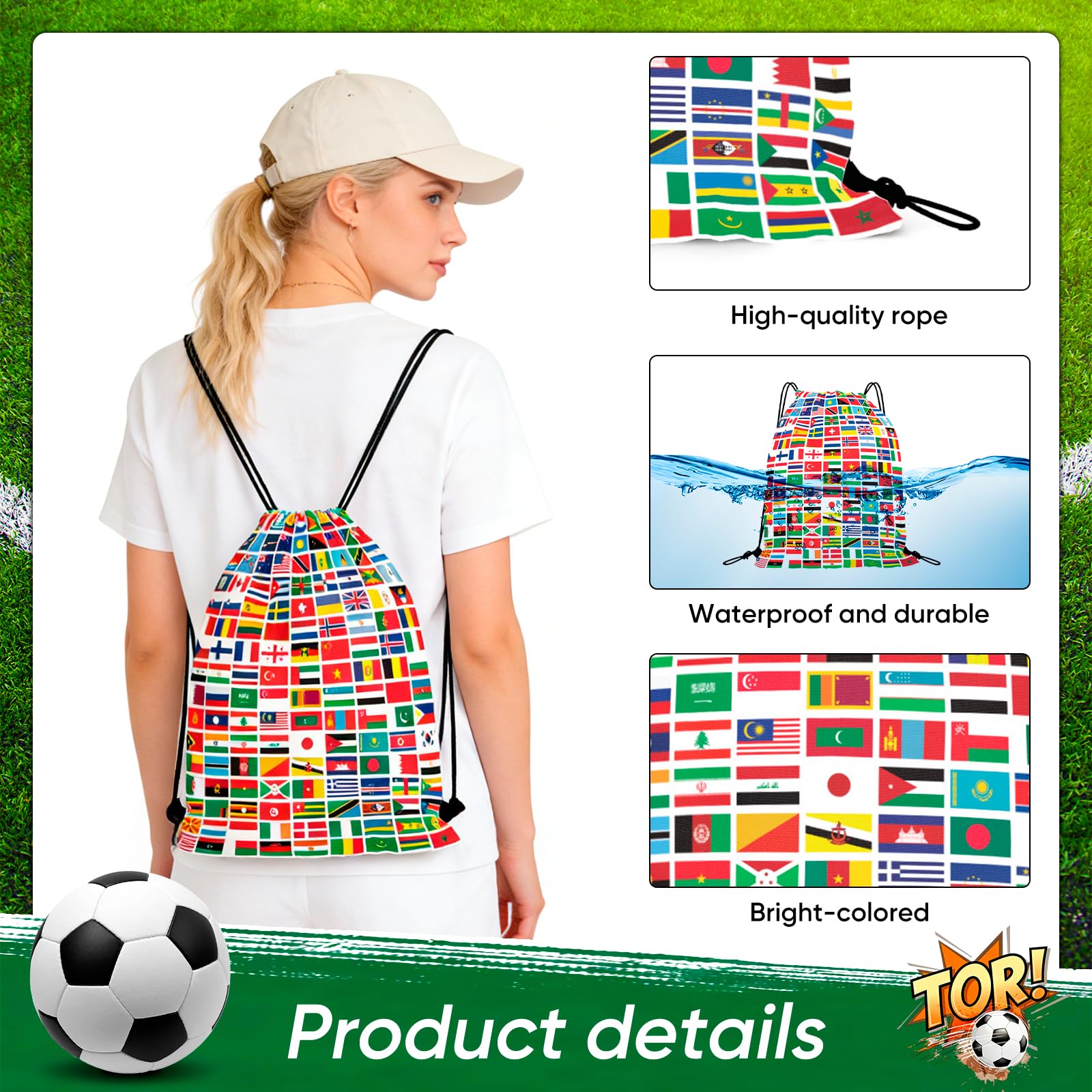 World Cup Football 2026 Drawstring Backpack Set with Flags World Cup 2026Accessories for Fans, Boys Girls Party Favors, Souvenirs & Multi-Nation Souvenir Gear - 3