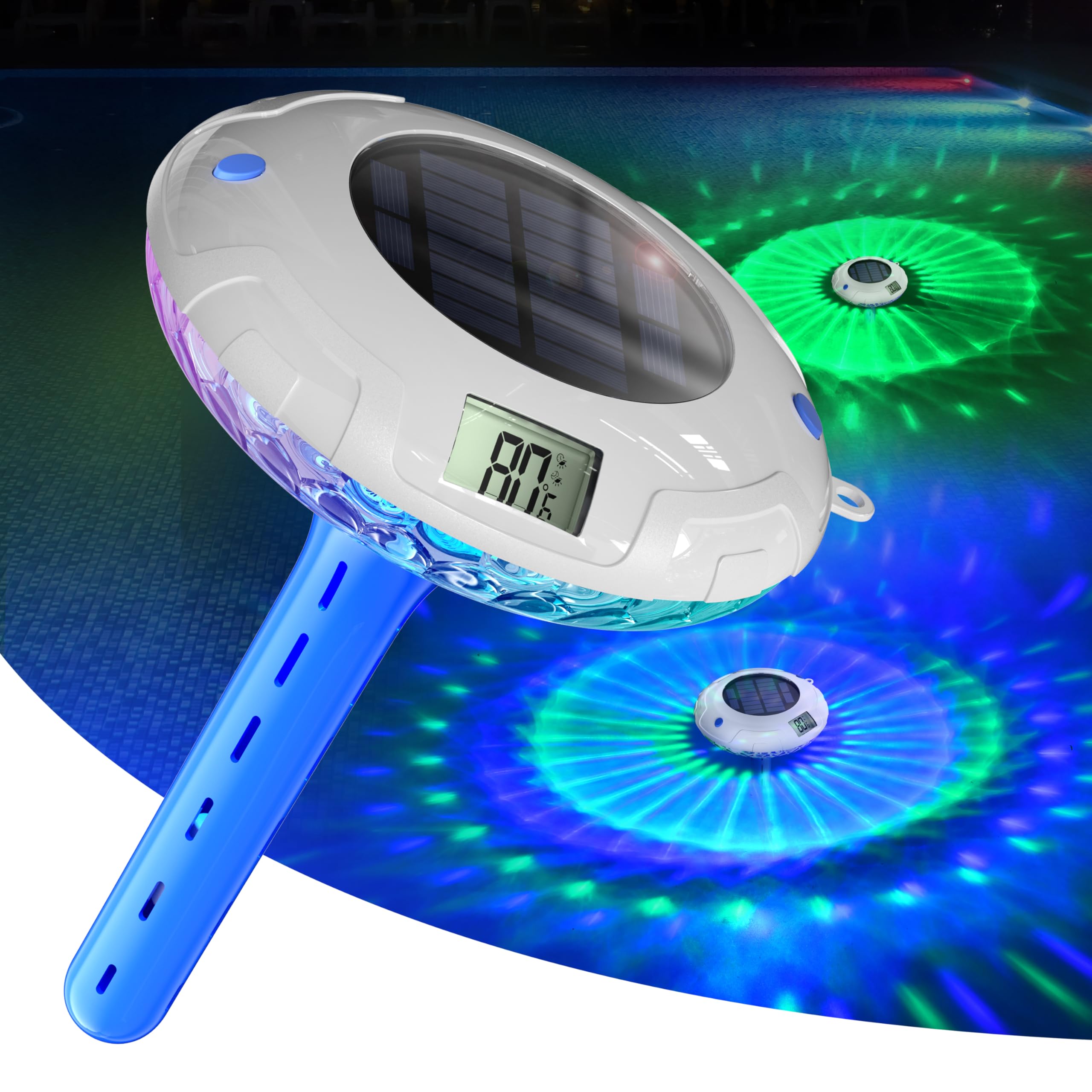 Luz solar para piscina con doble pantalla LCD, termómetro flotante para piscina de fácil lectura, 8 efectos de iluminación dinámicos, termómetro digital impermeable IPX7