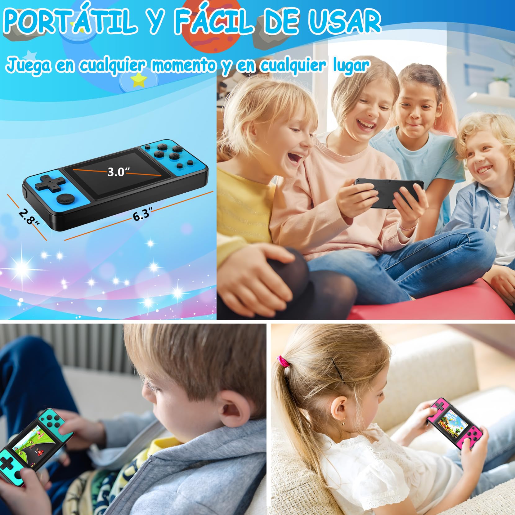 32 bit Consolas Portátiles de Juegos para Niños con 139 Videojuegos Retro, Mini Sistema de Juegos Portátil para Niños Niñas 4-13 con Pantalla IPS de 3,0" y Batería Recargable (Azul)