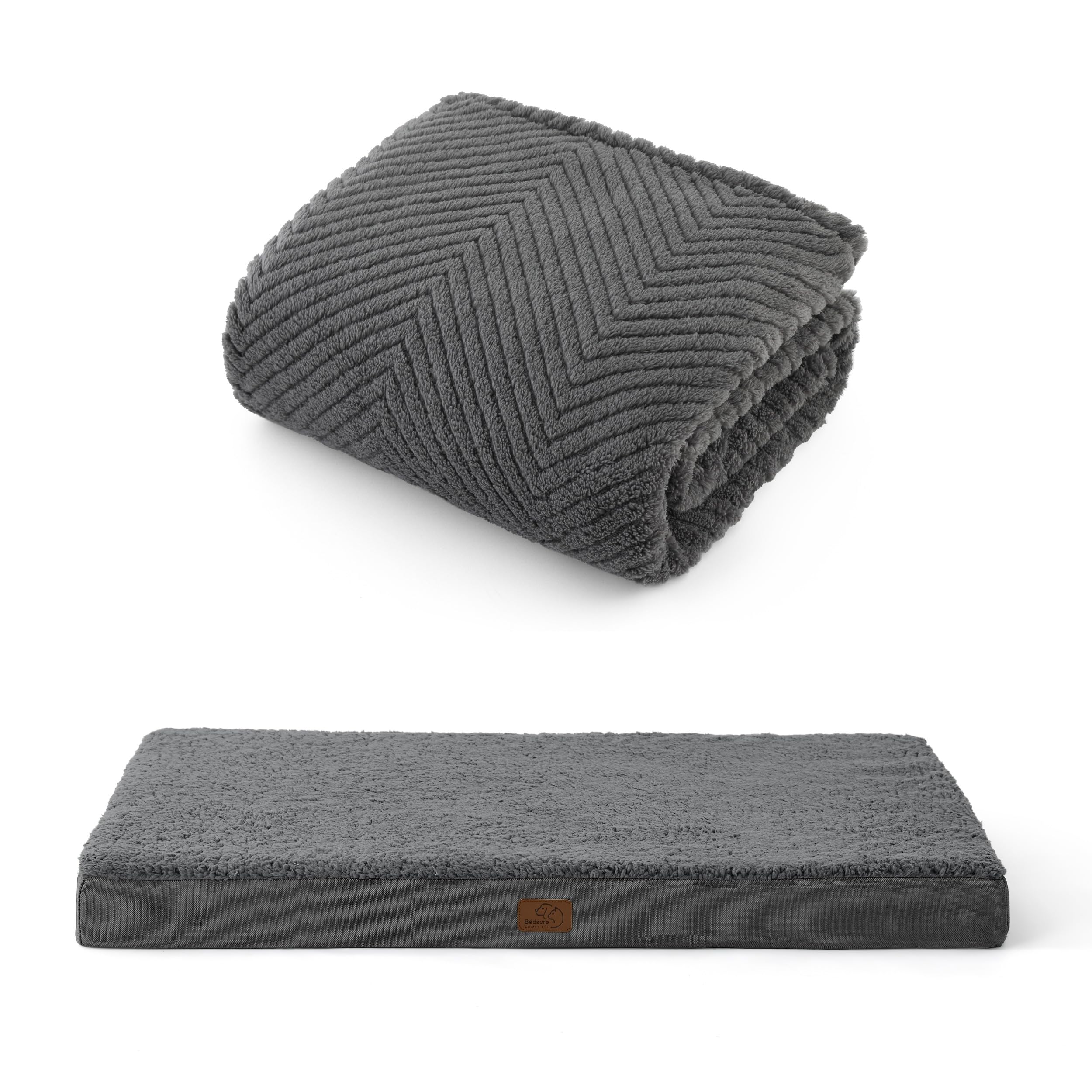 BEDSURE mittlere Hundedecke und orthopädisches Hundebett Bundle, 100x80cm weiche Fleecedecke & 76x51x7.6cm Hundematte waschbar, für kleine Hunde Katzen, dunkelgrau