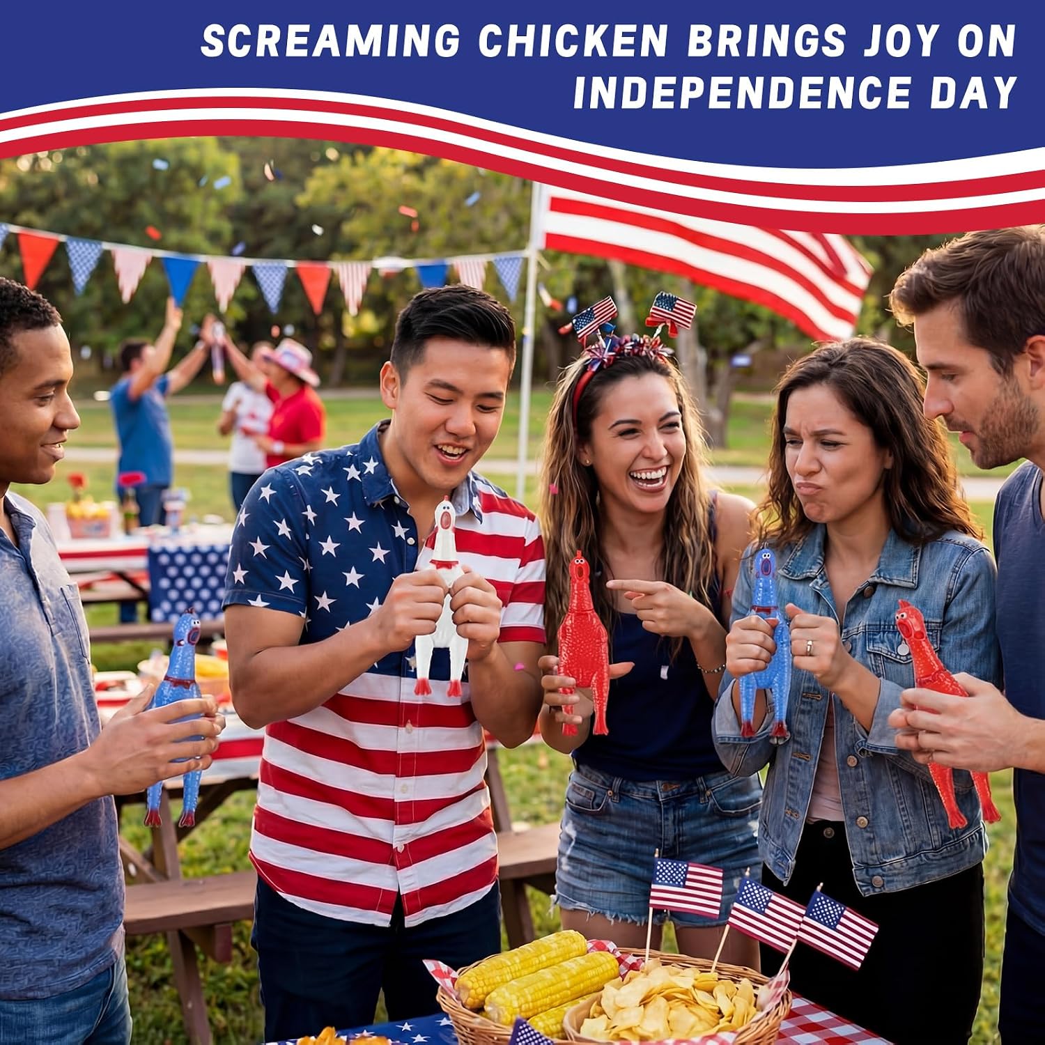 Soulchen 24 Pack Red Blue White Patriotic Rubber Chicken 4th of July Parade Throws Bulk for Party 6.3 Inch 250th Screaming Chicken for Independence Memorial Day Party Favor Novelty Prank Gag Gift