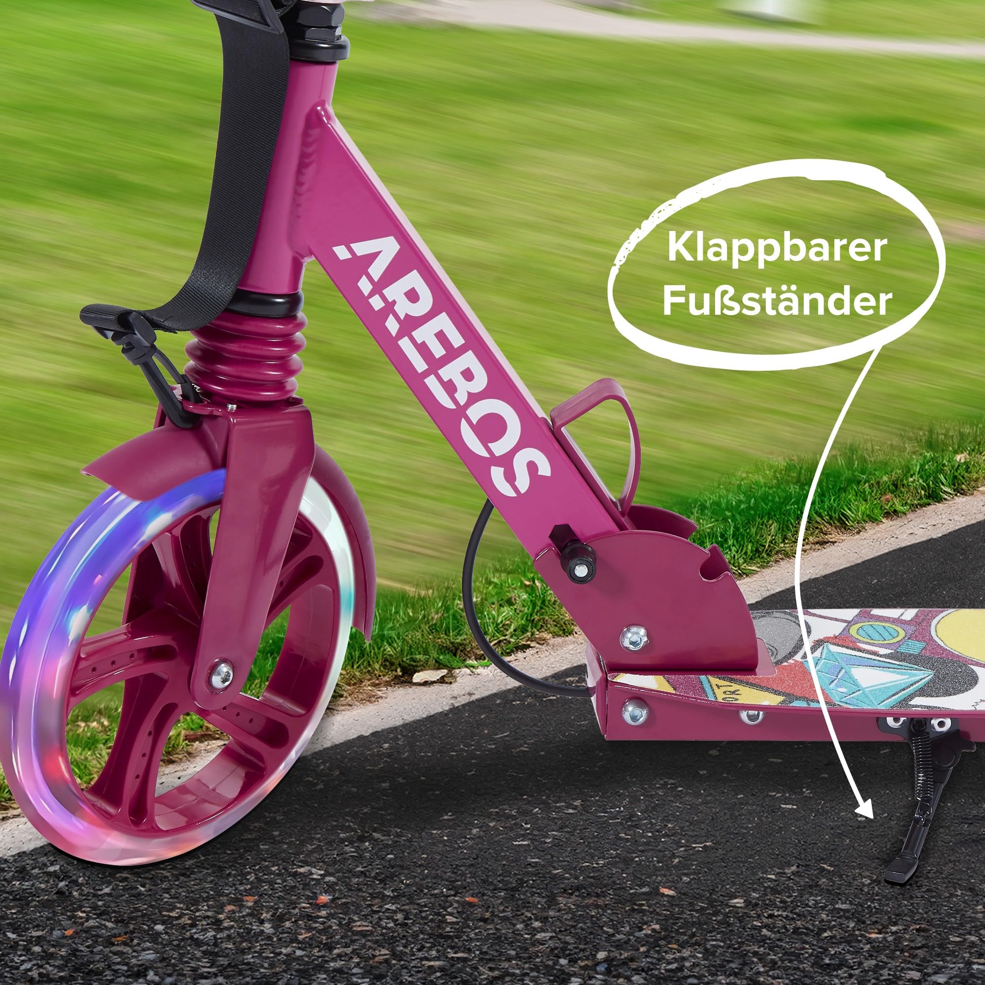 Arebos Cityroller Tretroller mit LED | höhenverstellbar | klappbar | inkl. Tragegurt | Hand- & Trittbremse | für Kinder und Erwachsene | bis 100kg belastbar Roller | Kickroller | Kickscooter