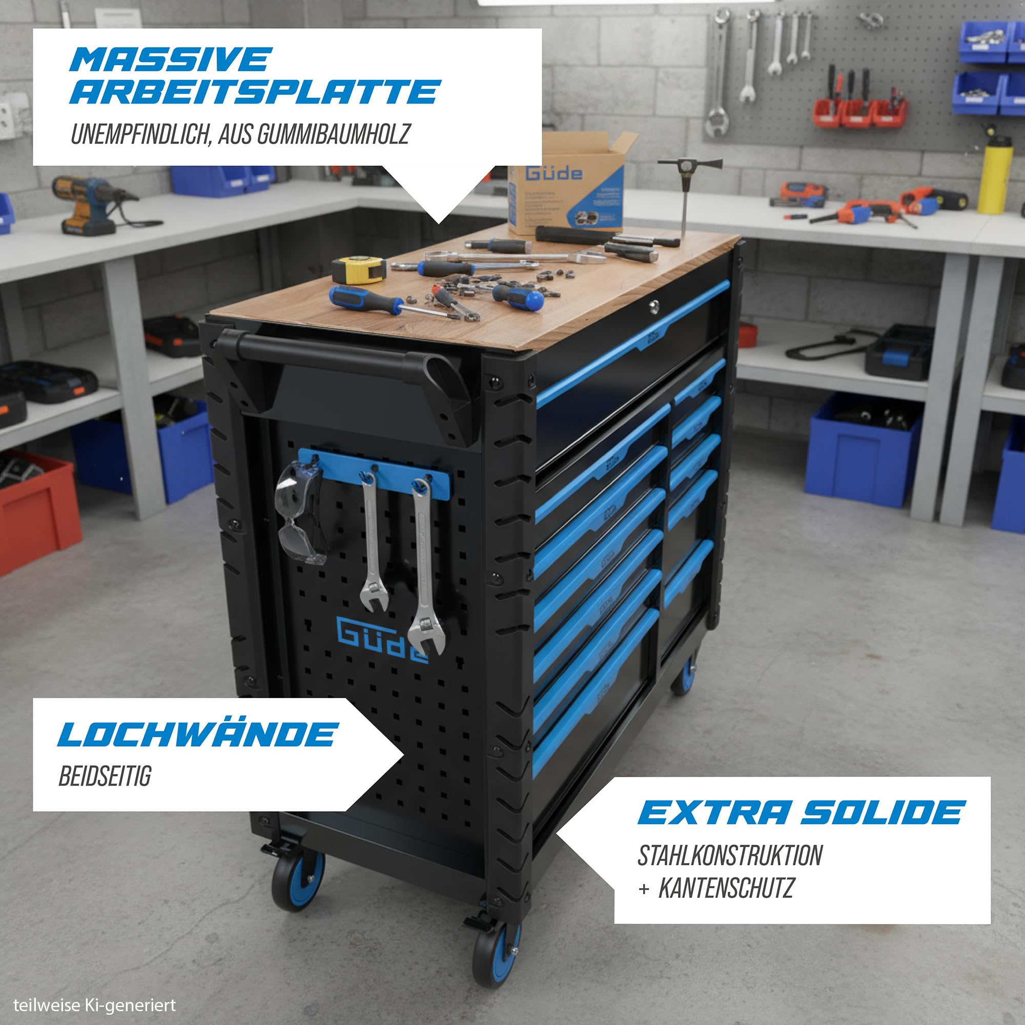 Güde GW 12S Mobile Werkbank - pulverbeschichtete Stahlkonstruktion, 400 kg Traglast, 12 kugelgelagerte Softclose-Schubladen, Arbeitsplatte aus Gummibaumholz, seitliche Lochwände, Zentralverriegelung