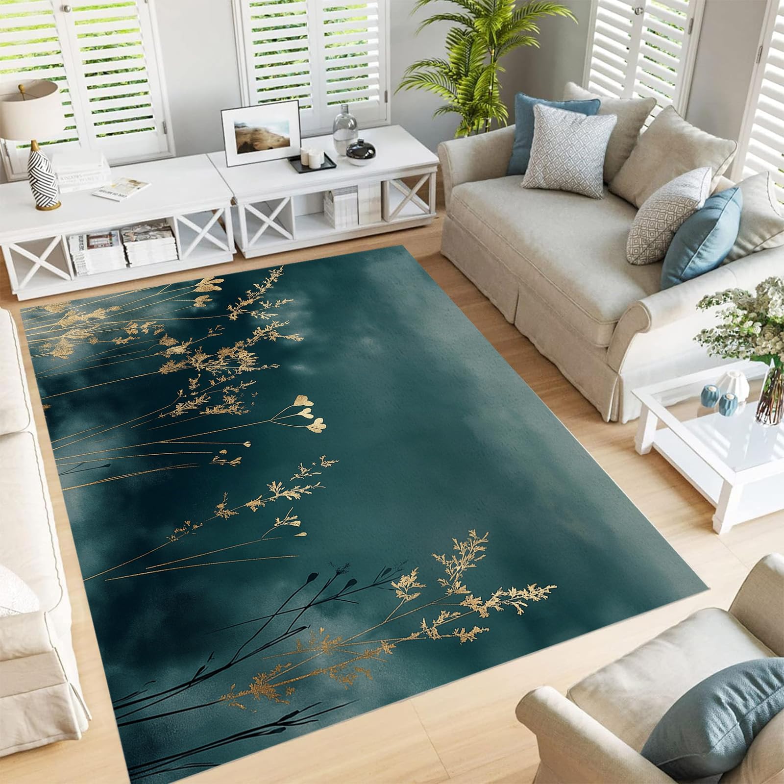 Tapis de salon lavable et antidérapant motif fleurs sauvages