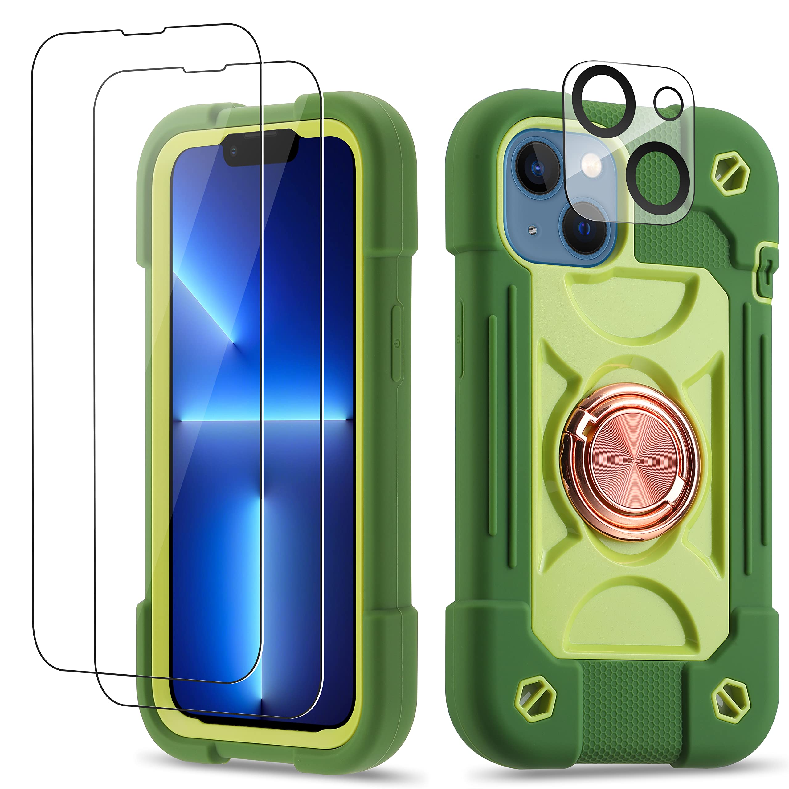 Cookiver for iPhone 14 Case/iPhone 13 Case Inch with Ring Stand, with 2 Pack Glass Screen Protector + 1 Pack Camera Lens Protector,Heavy-Duty