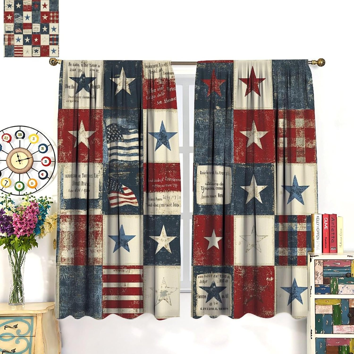 Patriotic Star Patchwork Blackout Curtains for Bedroom/Living Room, Classic American Flag Thermal Insulated Curtains Rod Pocket Window Drapes, 2 Panels/Each 21" W x 45" L