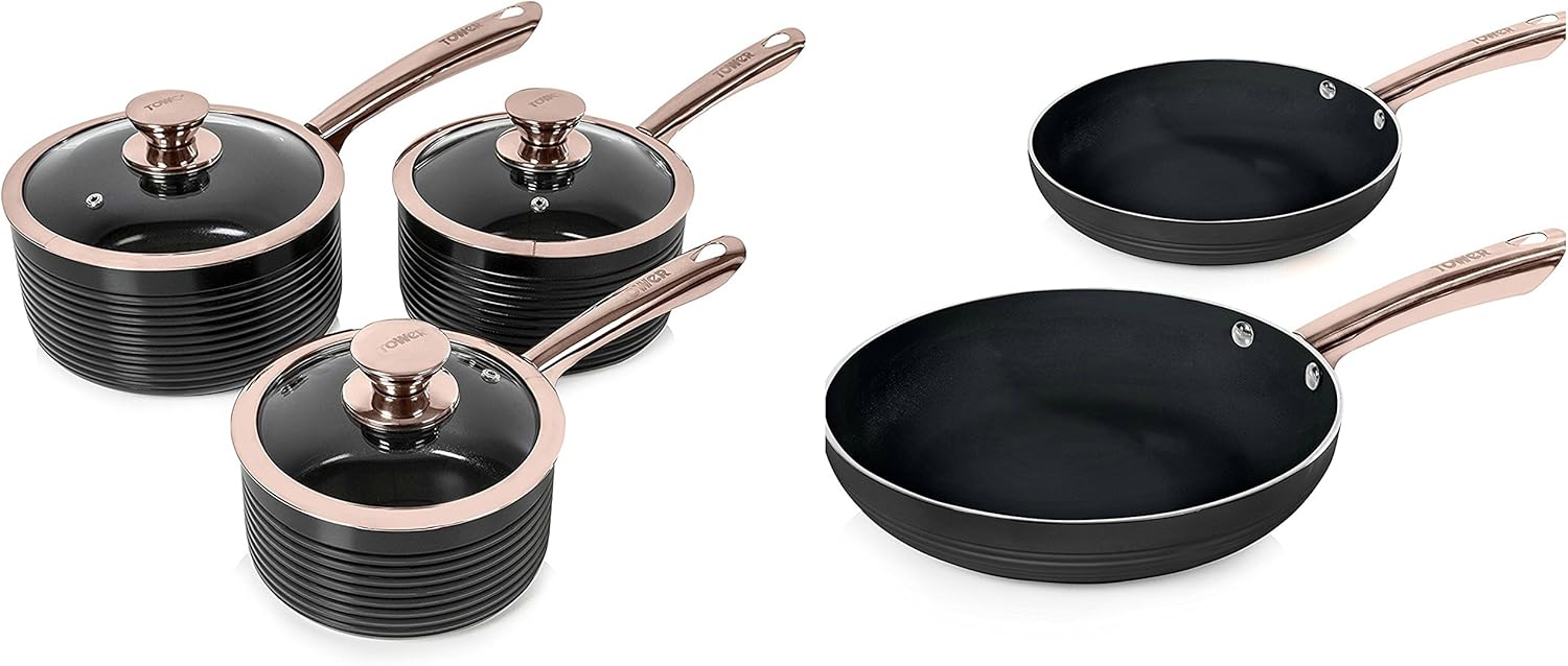 Tower Black and Rose Gold Linear 5 Piece Saucepan & Frying Pan Set with NonStick Ceramic Inner