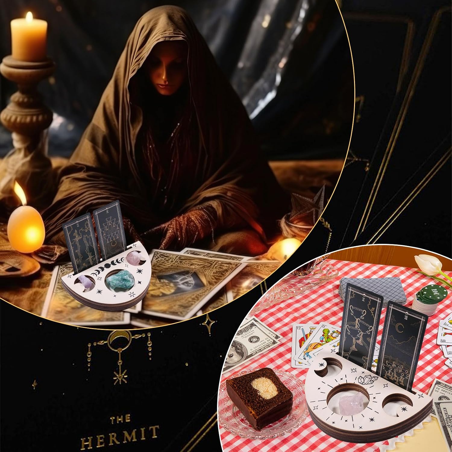GLOBLELAND 2Pcs Tarot Card Holder Stand 6.3x3.9inch Wooden Tarot Card Arch Slotted Display Stand Wood Tarot Accessories Altar Stand Decorative Crystal Organizer Holder Tray Room Decor Tarot Stand