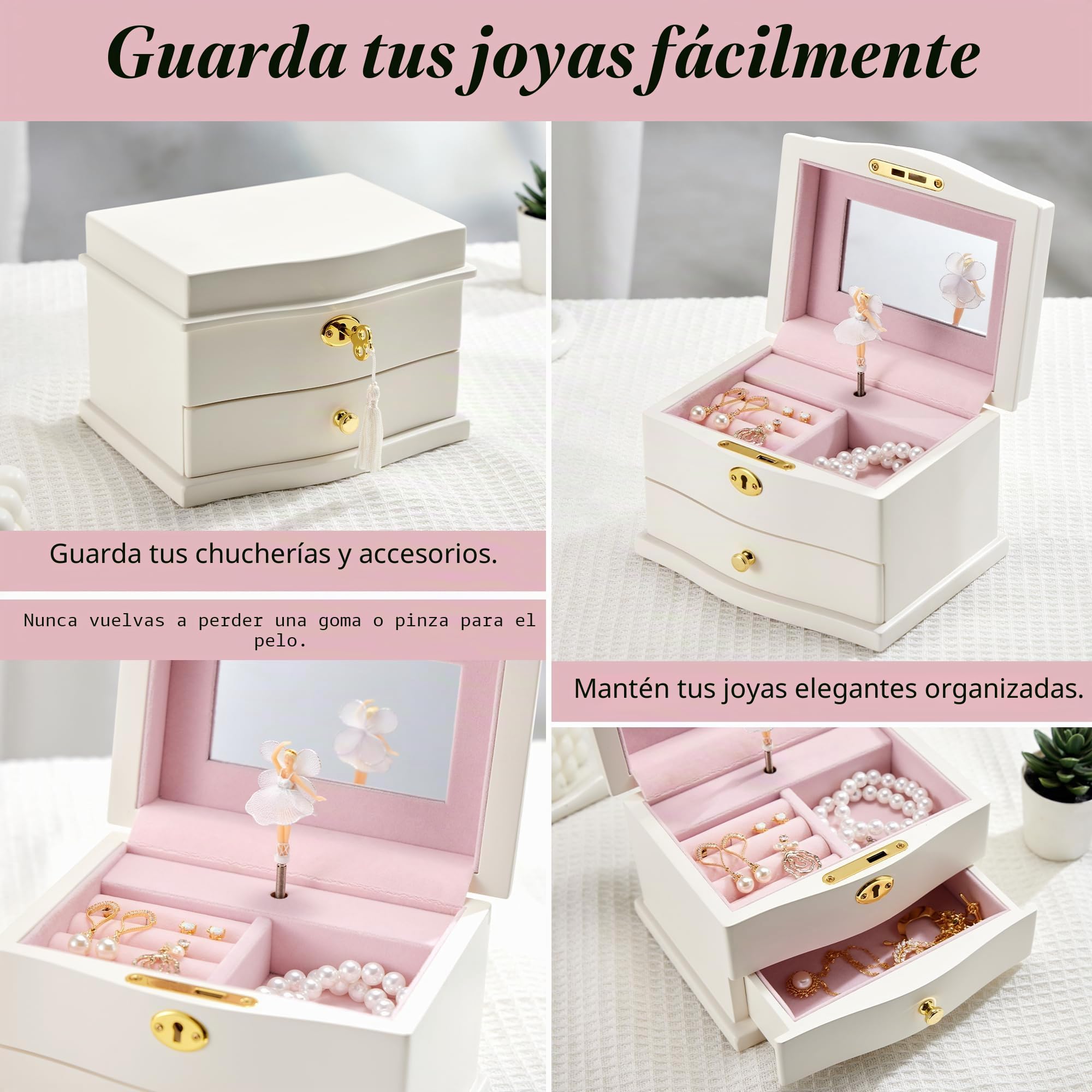 Joyero musical de bailarina con espejo para niñas, caja de música para almacenamiento de joyas para niños (blanco-L)