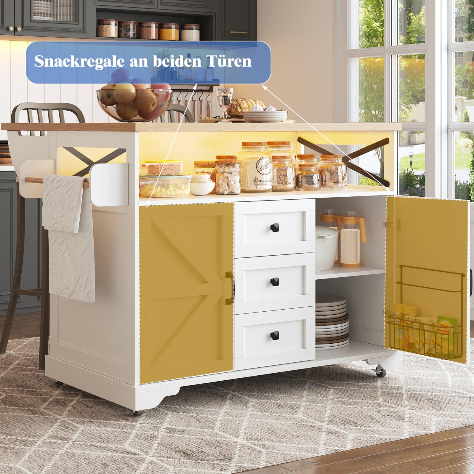 KOMHTOM Îlot de Cuisine Multifonctionnel 102 x 45 x 92 cm, Armoire de Cuisine avec 2 Tiroirs, 2 Portes, Porte-Serviettes Latéral, Porte-Bouteilles et Séparateurs Réglables (Blanc-J)