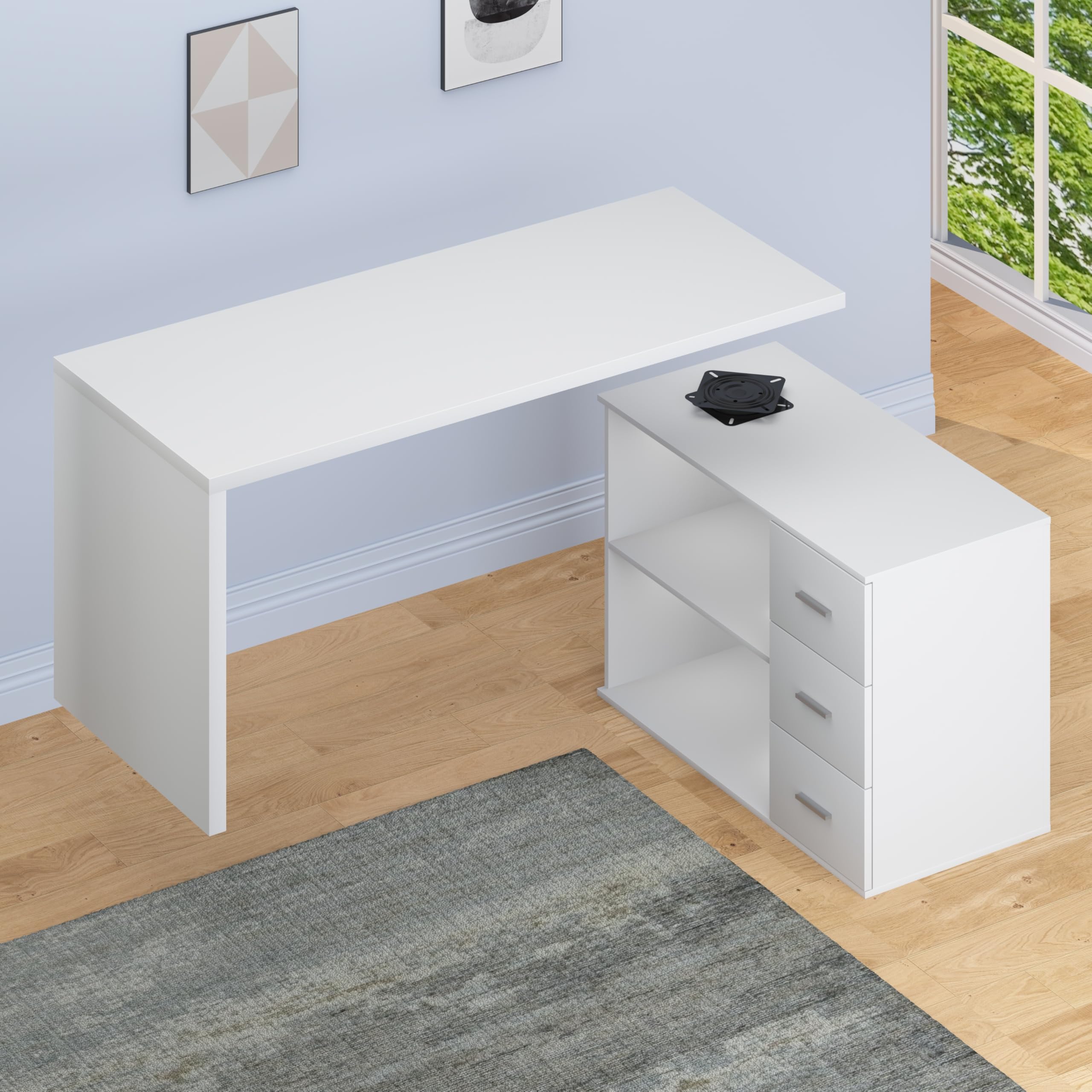 HSH 140cm Schreibtisch Weiß L Form Modern Umkehrbarer Eckschreibtisch | Bürotisch mit Stauraum für Homeoffice Computertisch mit 3 Schubladen und 2 Regalen für Büro