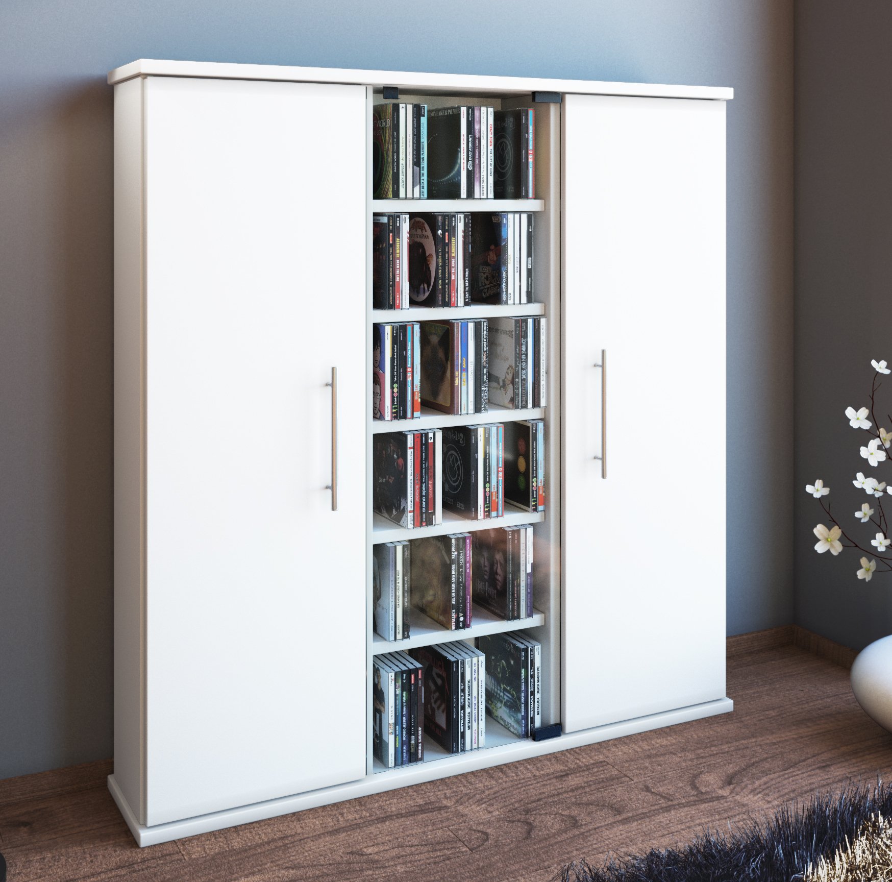 VCM Holz CD DVD Stand Regal Schrank Aufbewahrung Standregal Santo Glastür Weiß