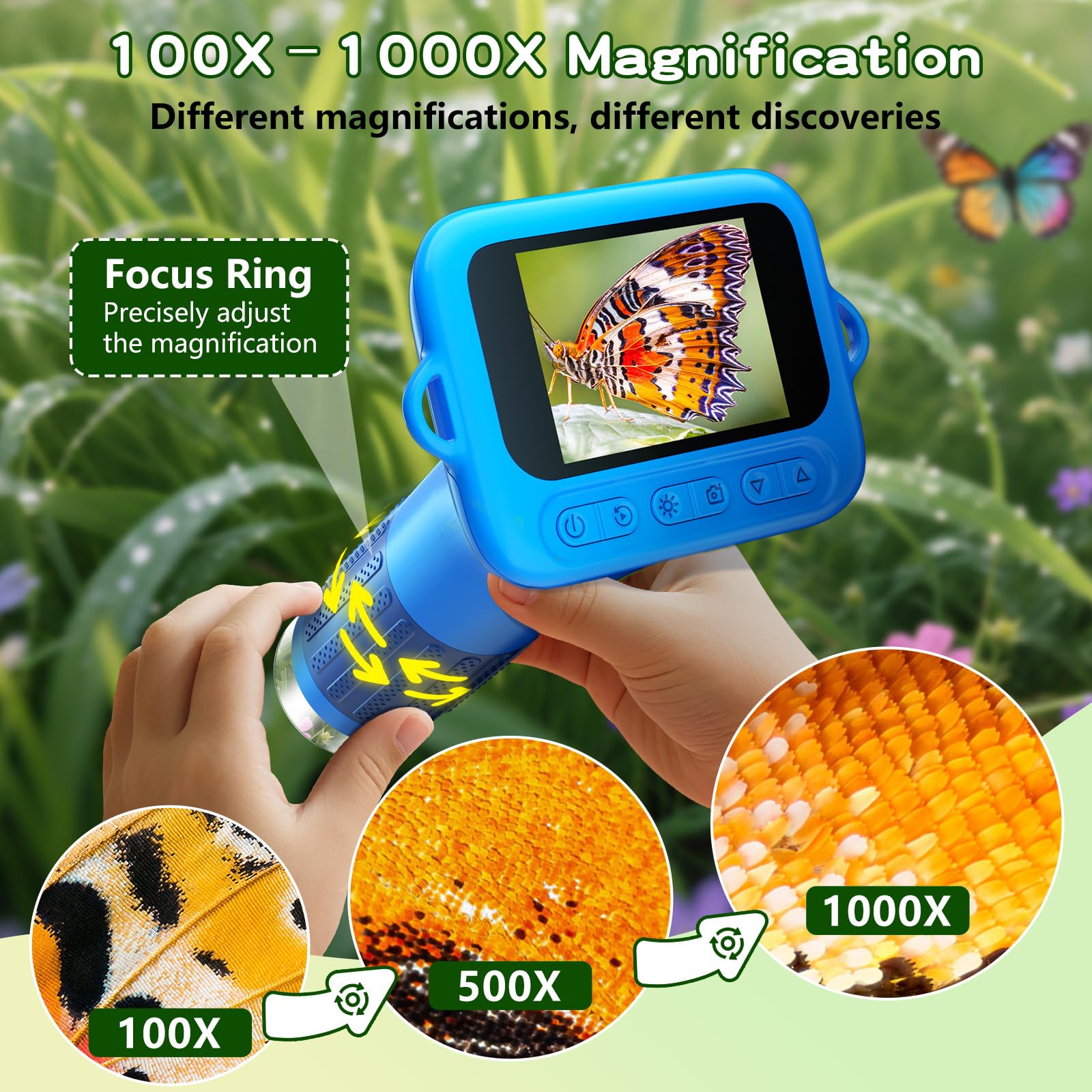 Odatay Microscopio per bambini con 12 vetrini, 100X-1000X 1080P, mini microscopio portatile tascabile per bambini, giocattoli scientifici, idea regalo per bambini di 3+ 4 5 6 7 8 9 10 11 12 anni, blu