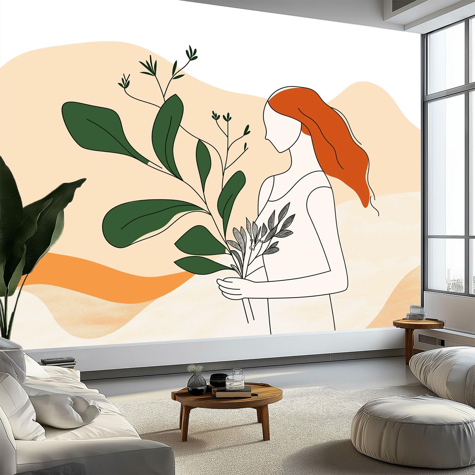 Minimalizm Kwiaty Zielone Rośliny 3D Drukowana Tapeta, 350 x 256 cm Fototapeta Fototapeta Zdejmowana Włóknina Salon Tło TV I Sofa, Beżowy