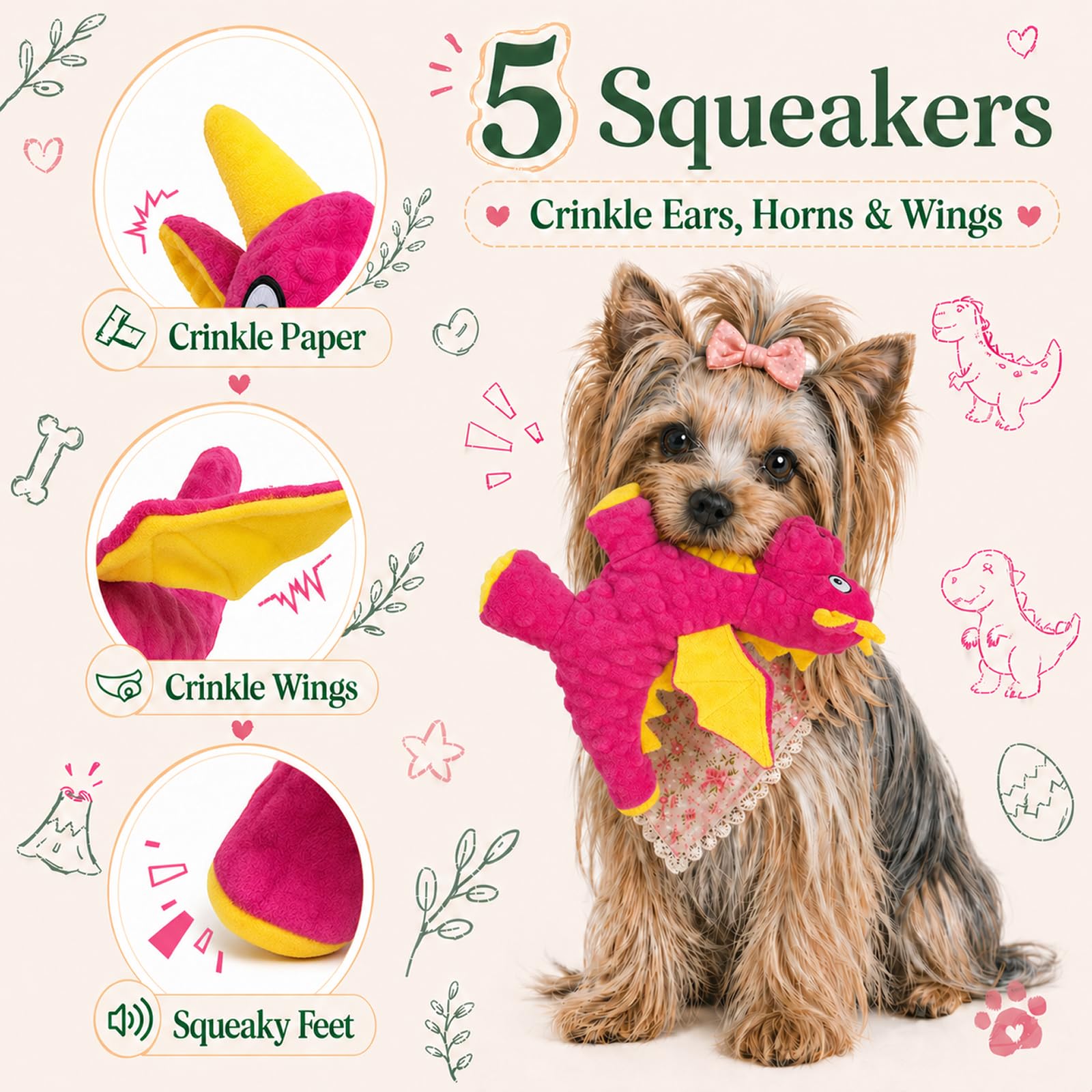 Quietschendes Hundespielzeug – Weiches Plüschdrachen-Hundespielzeug mit 5 Quietschern und Knisterpapier, Hundespielzeug für kleine, mittelgroße und große Hunde (Rosa, 25,4 cm)