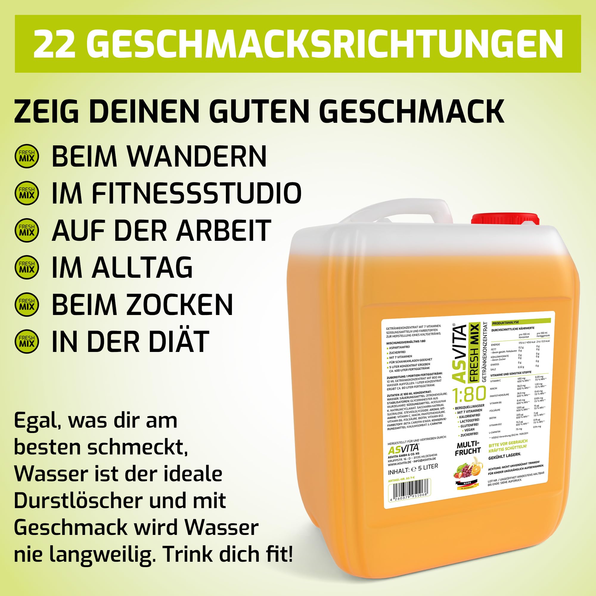 AsVita Getränkekonzentrat Fresh Mix 1:80 | 5 Liter Kanister - Getränkesirup zuckerfrei - 22 leckere Geschmacksrichtungen (Waldmeister)