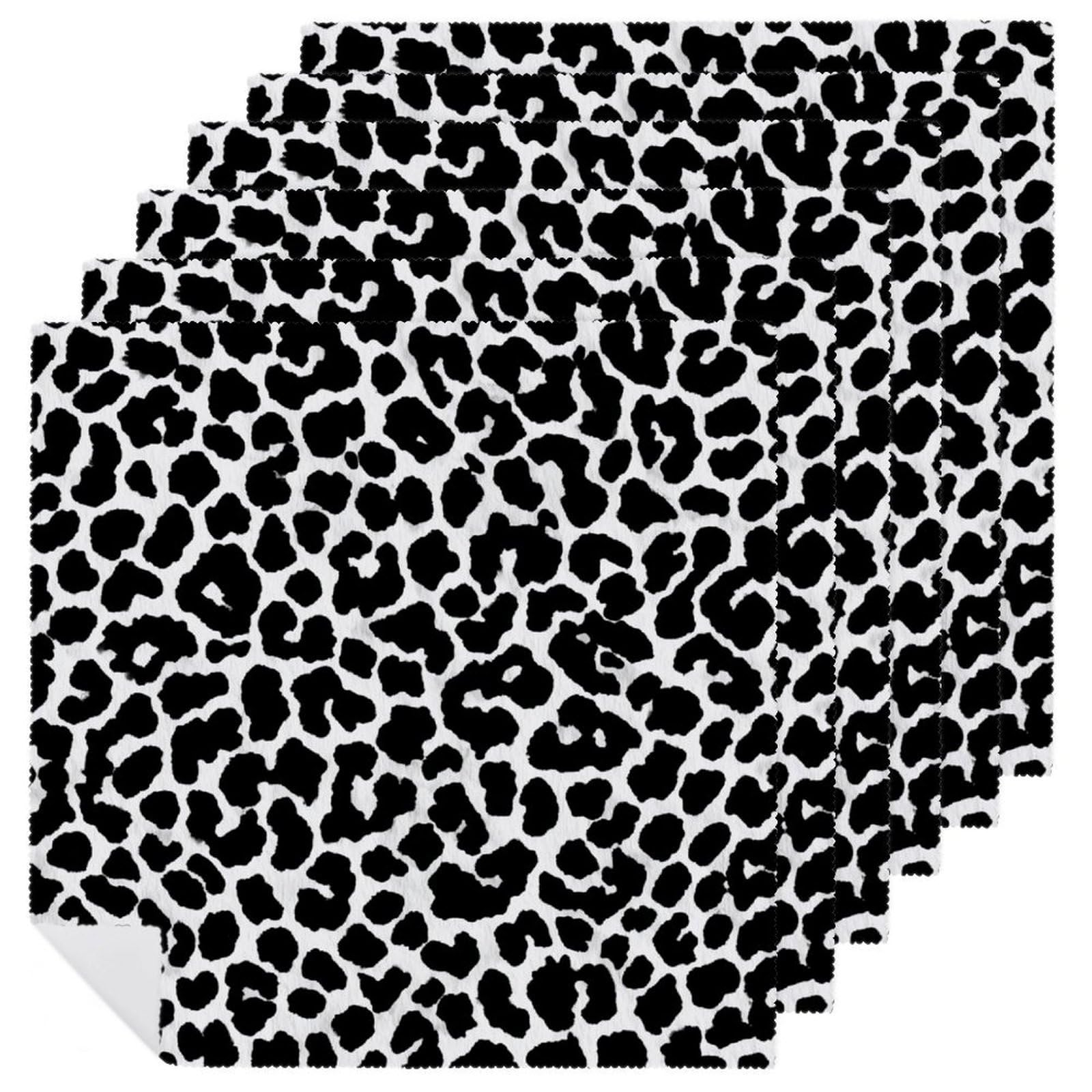 Black And White Leopard Print Simple Cloth Napkins Set of 6, Square Premium Reusable Washable Polyester Table Linen Napkin for Dinner Party
