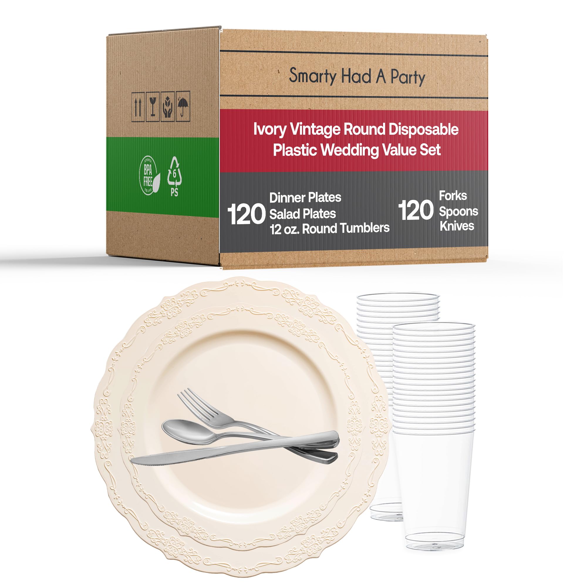 Smarty Had A Party Elegant Plastic Plates Wedding Value Set for 120 Guests, Disposable Dinnerware, Ivory Party Plates with Silverware and Plastic Cups