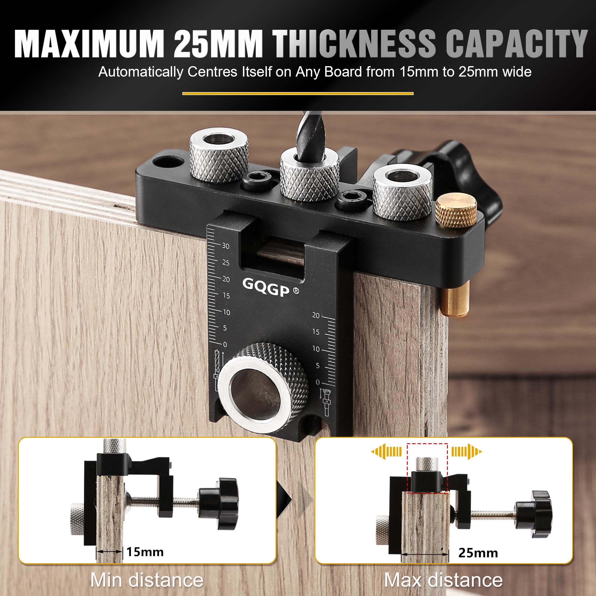 3 in 1 Dima per Tasselli Legno, Set Maschere Per Fori Tascabili con 8/10 / 15mm Drill Bit Per Spinatura Legno Guida di Foratura per Angolo Posizionatore Localizzatore
