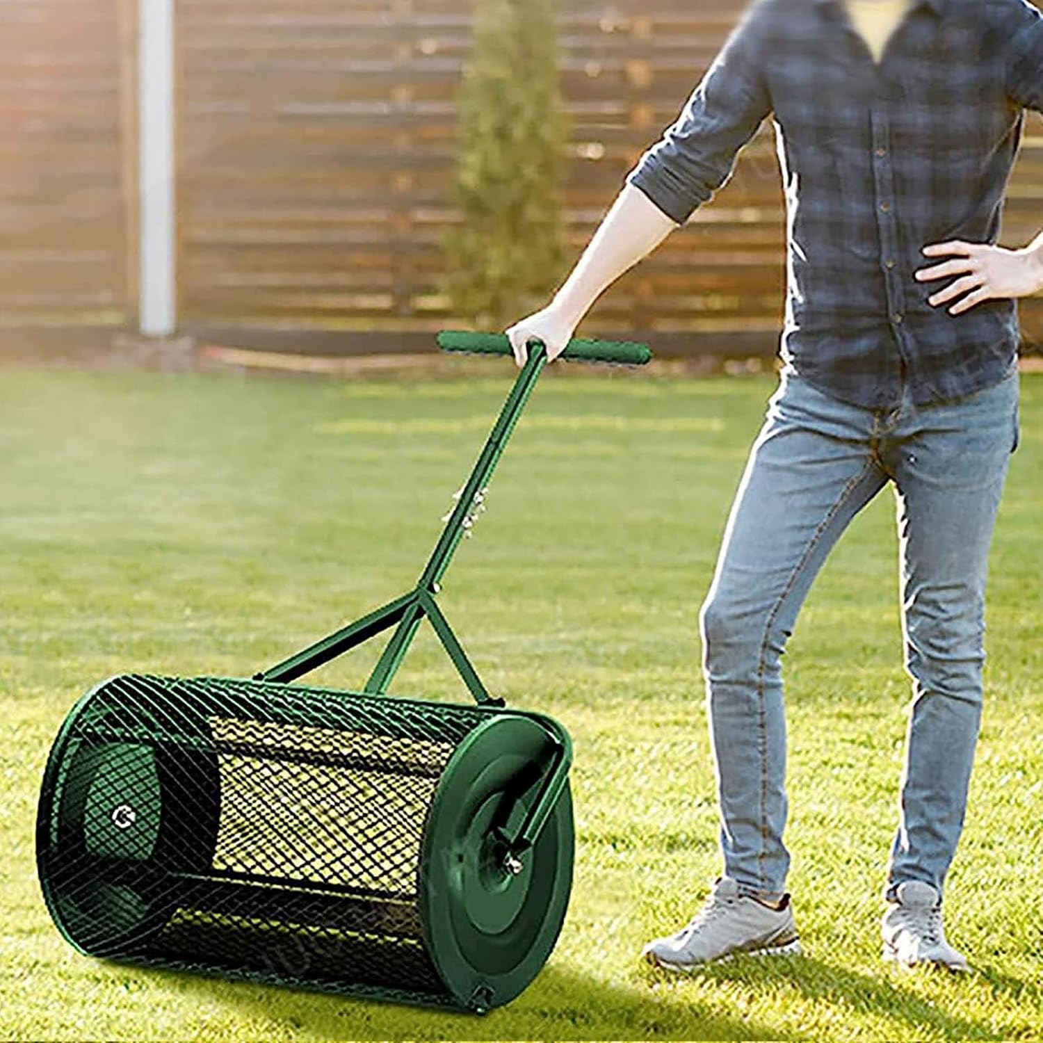 Lightweight Compost Spreader, 22.8-30.7" Height Adjustable Handle, Lawn and Garden Peat Moss Roller with Side Latches, Powder Coated Steel Mesh Basket for Spreading Manure,Green