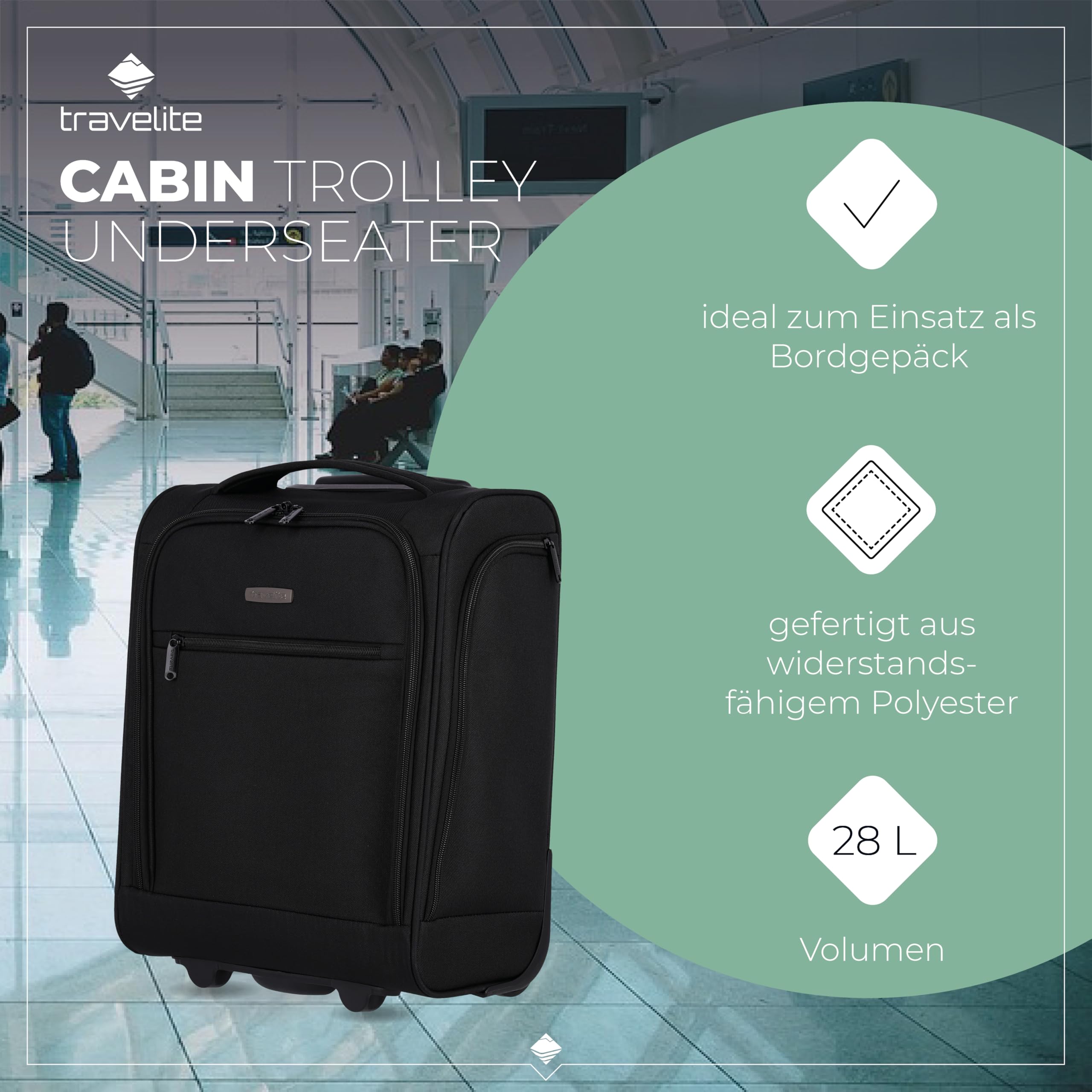 Travelite Handgepäck Koffer leicht, mit Liquids Bag, 2 Rollen, Cabin Underseater, Weichgepäck Trolley klein, 43cm, 28 Liter