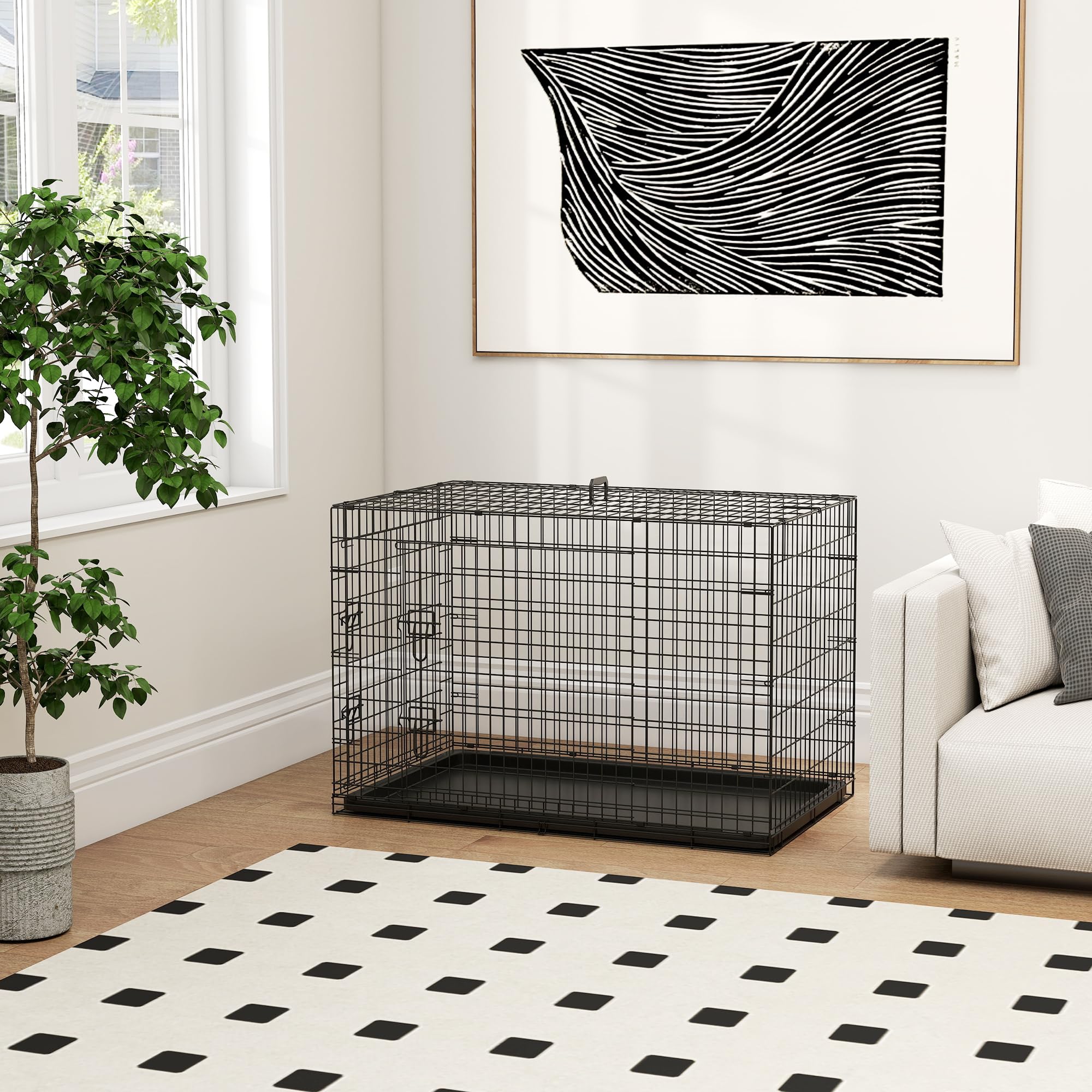 PawHut Jaula para Perros Plegable Transportín para Perros con 2 Puertas Bandeja Extraíble y Asa de Transporte 92x57x62,5 cm Negro