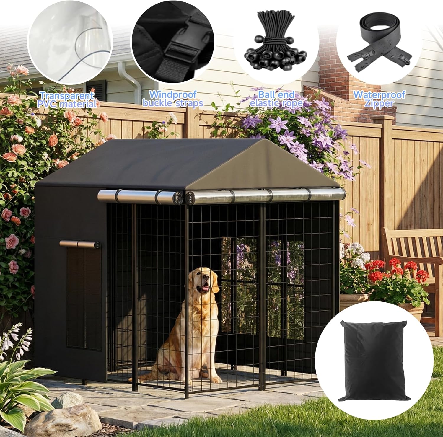 Outdoor Dog Crate Cover, Full Coverage for 4.2'Dx4.3'Wx4.5'H Cages, 600D Heavy Duty Waterproof Large Kennel Covers, Windproof Enclosure for Outdoor Use, Black