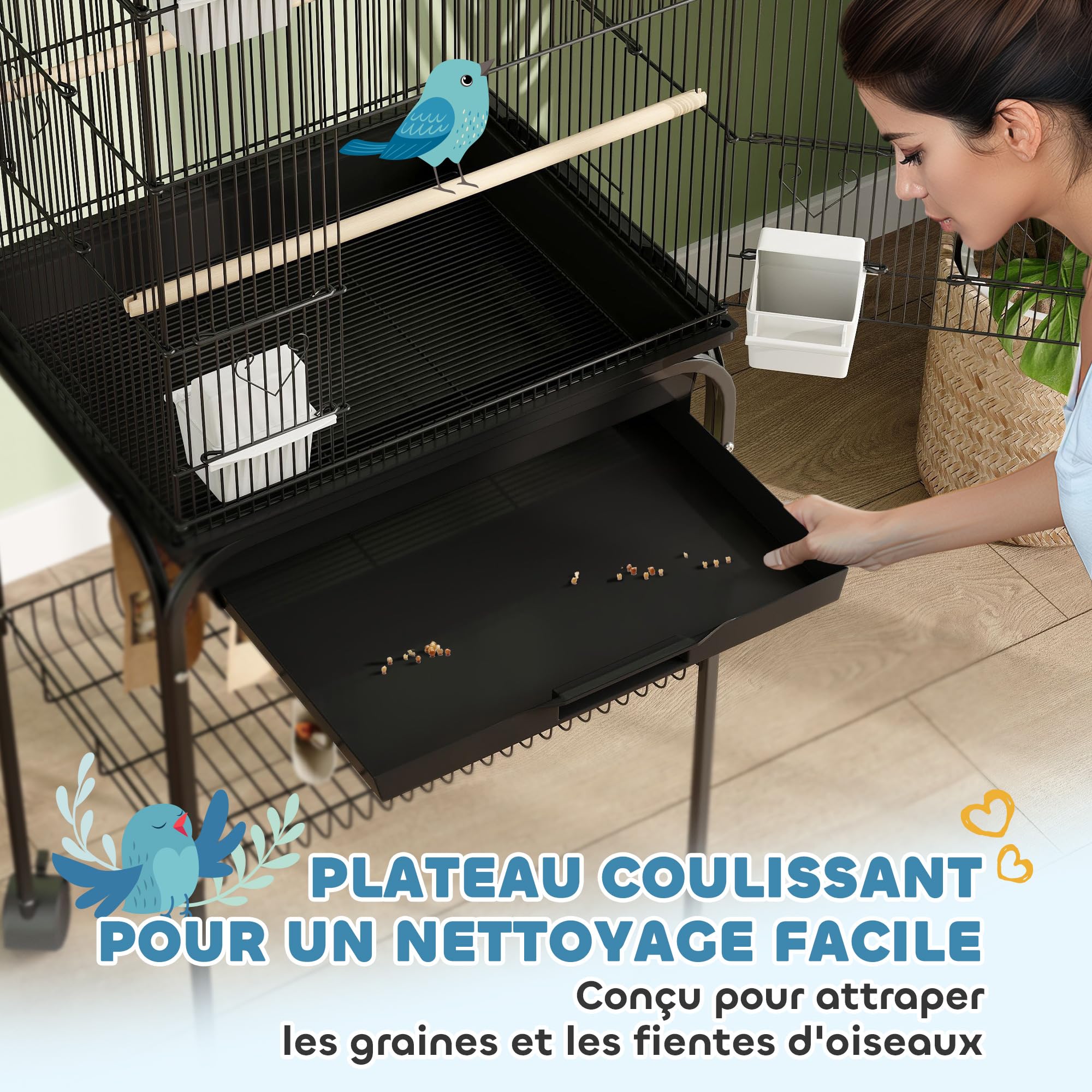 PawHut Cage à Oiseaux sur Pied, volière sur roulettes avec balançoire, poignée Portable, 4 mangeoires, Support, Design Maison, Cage pour pinsons, canaris et perruches 50,5 x 41 x 163 cm en Acier Noir